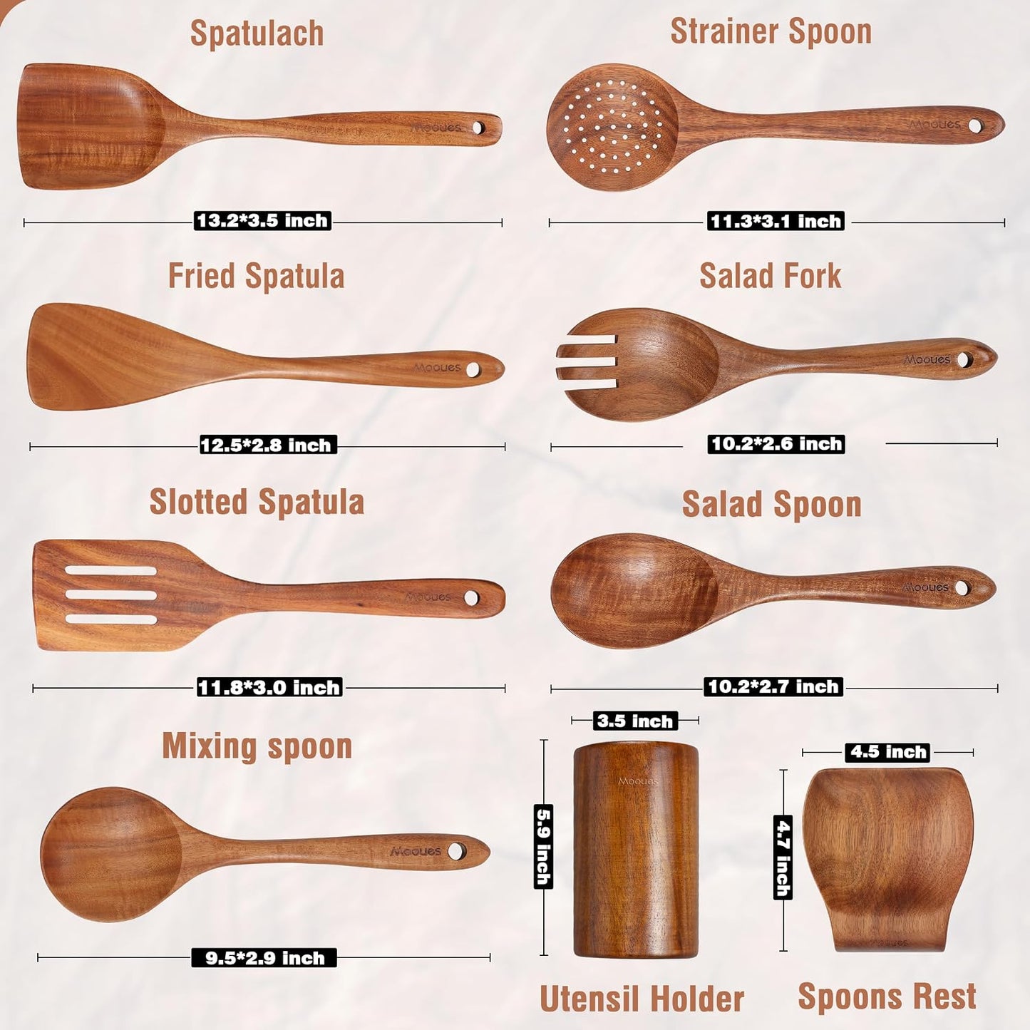 Mooues Wooden Kitchen Utensil Set, 9 Piece Natural Teak with Spoon Rest | Wooden Cooking Utensils with Comfort Grip, Smooth Durable Heat Resistant Cooking Spoons and Utensils Holder for Cooking