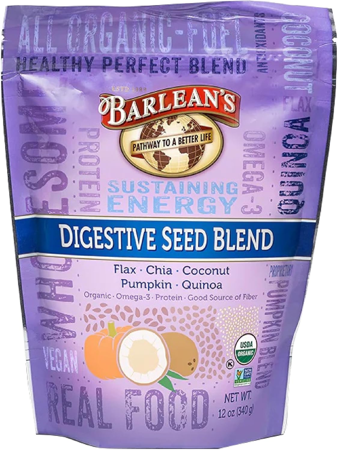 Barlean's Organic Flax Chia Coconut Seed Blend with 2,330 mg Omega 3 Fatty Acids, Fiber Supplement with Whole Chia Seeds and Ground Flaxseed, 12 oz