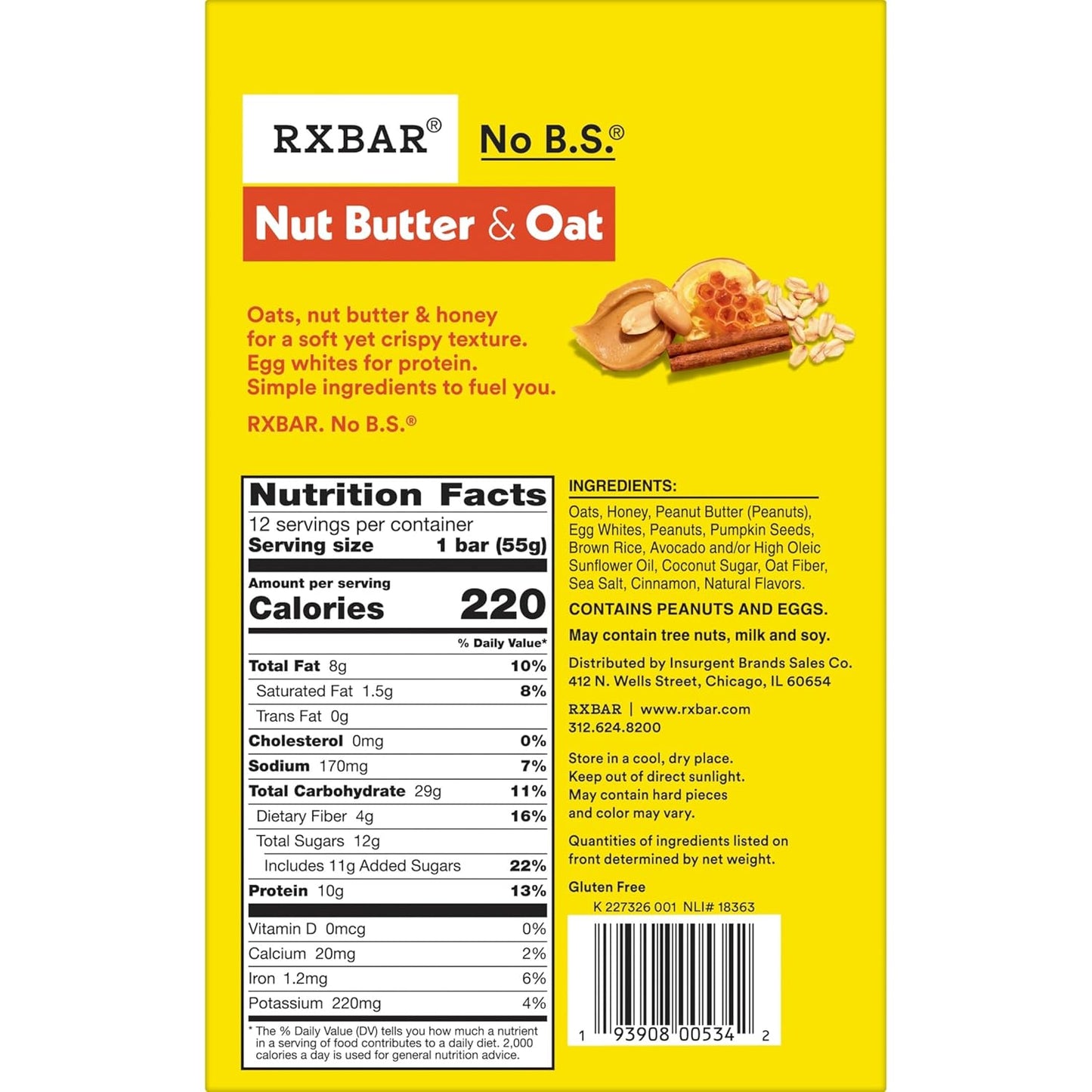 RXBAR Nut Butter and Oat Protein Bars, 12 Count, 23.2oz Box