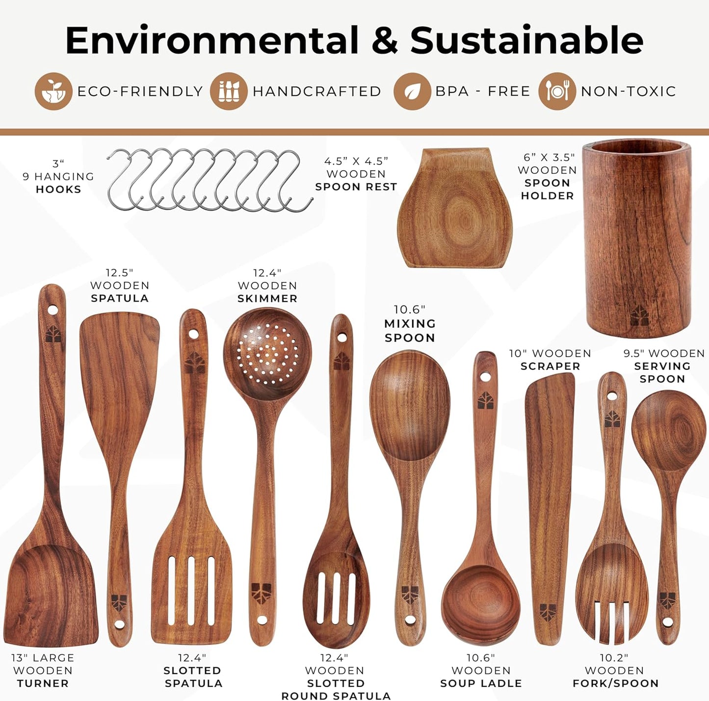Wooden Spoons for Cooking, 12 Pcs Teak Utensil Set with Holder & Hooks | Includes Spoon Rest for Storage – Heat Resistant, Durable & Nonstick Safe Kitchen Cookware