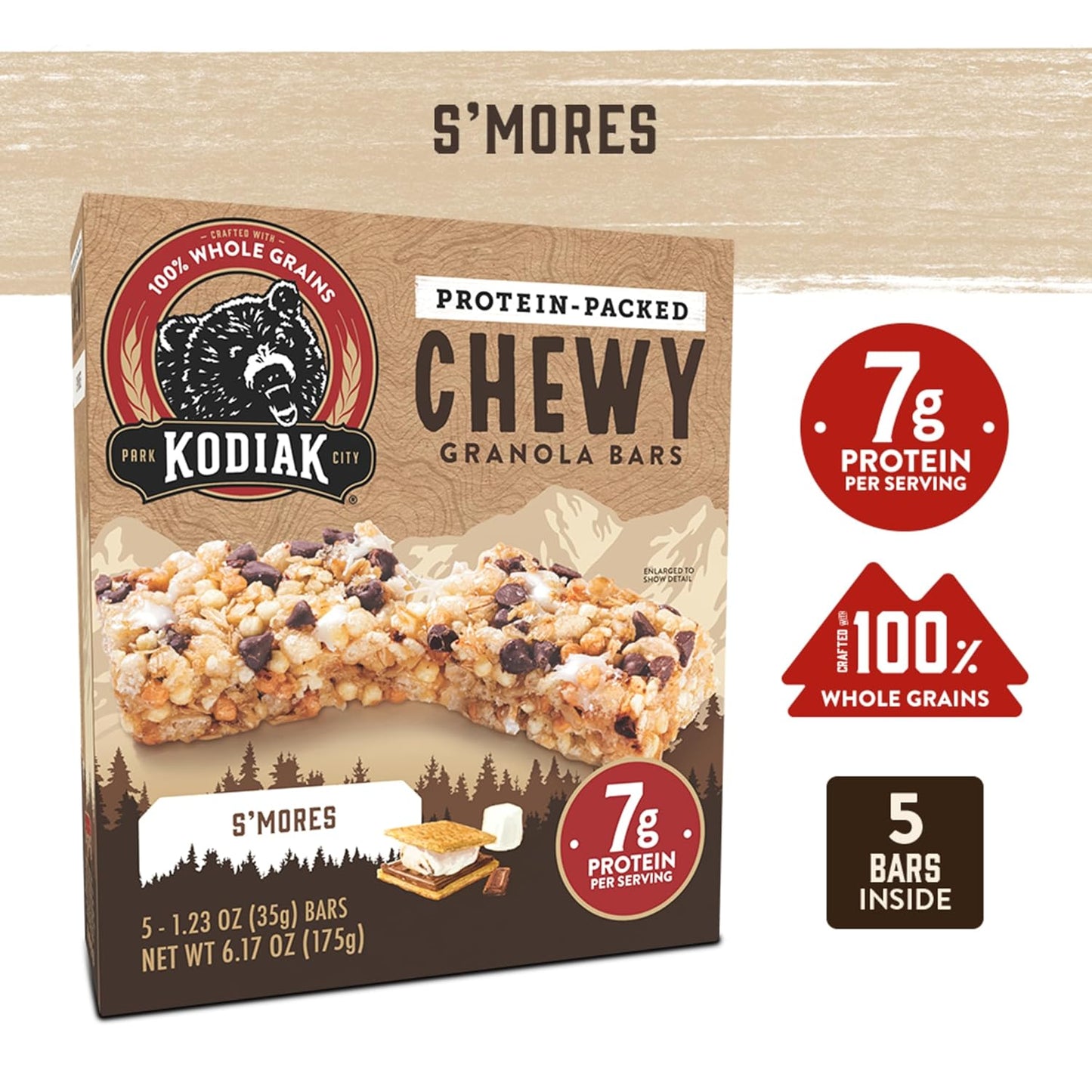 Kodiak Cakes Chewy Granola Snack Bars, S'mores, High Protein, 100% Whole Grains, Pack of 4