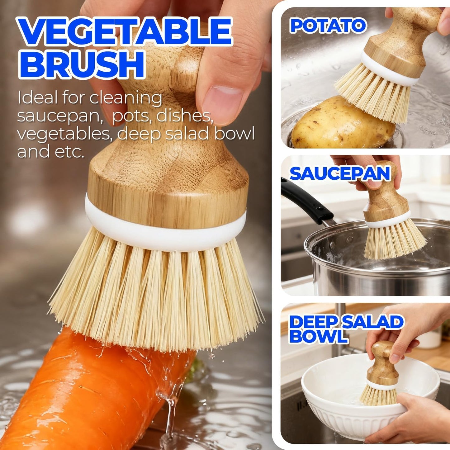 Holikme 6 Pack Dish Brush with Bottle Brush Scrub Brush Straw,Yellow | Dish Brush, Palm Scrub Brush and Straw Brush, Dish Scrubber Long Handle for Dish Bottle Cup Skillet Wok Pot Pan Cast Iron