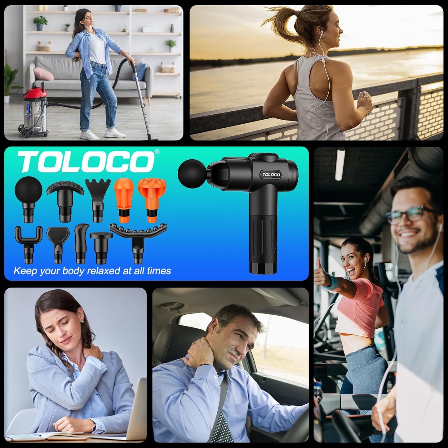 TOLOCO Massage Gun, Deep Tissue Back Massage, 10 Heads, Quiet Motor