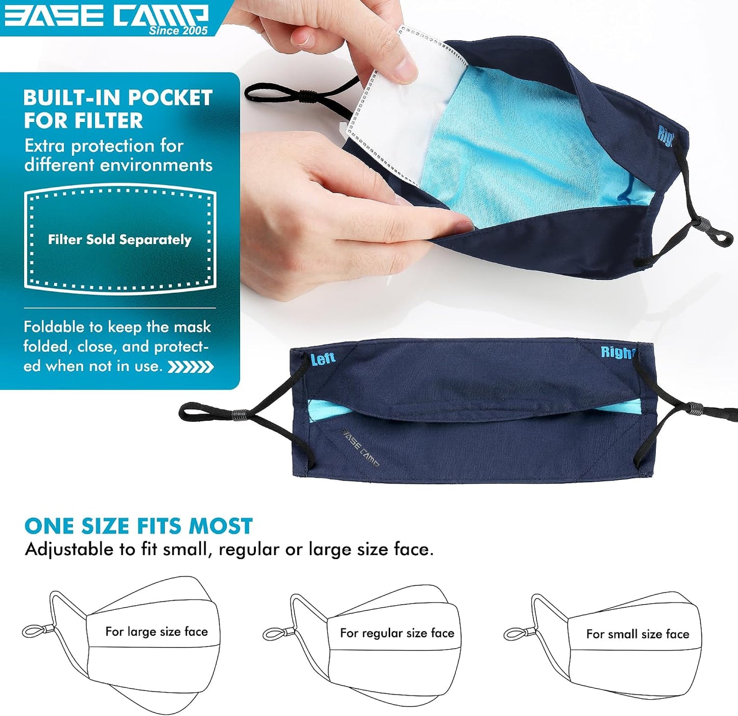 BASE CAMP 100% Cotton Reusable Cloth Face Masks with Filter Pocket