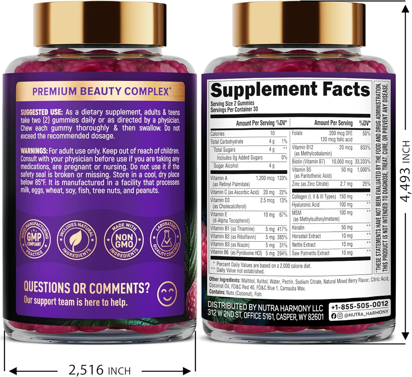 Biotin Gummies with Collagen - Hair Growth Support, Skin, & Nail Strength - for Women & Men - Biotin 10000mcg | Keratin | Hyaluronic Acid | B-Complex | Nettle - Sugar-Free, Mixed Berry, 60 Gummies