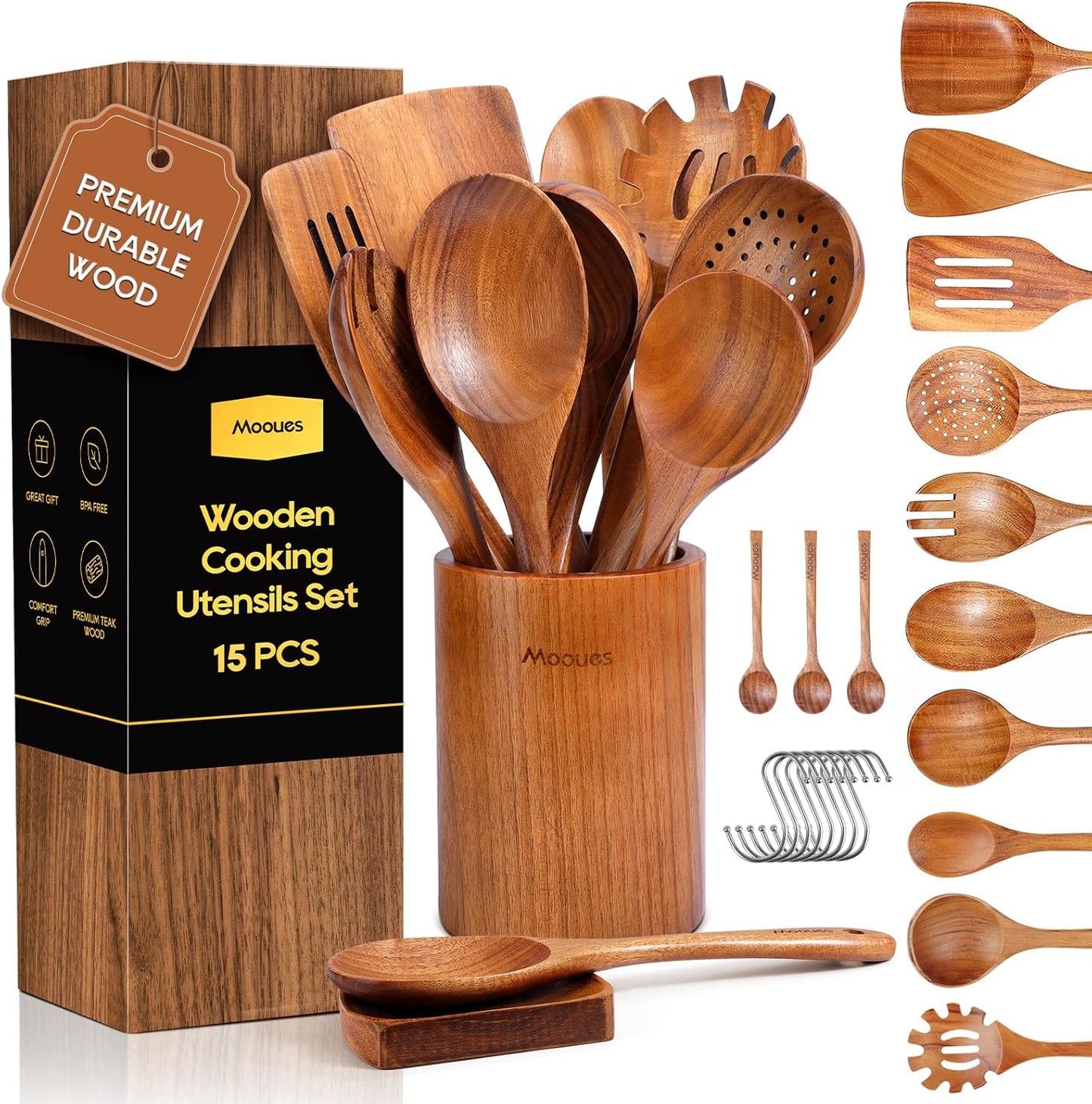 Mooues Wooden Kitchen Utensil Set, 9 Piece Natural Teak with Spoon Rest | Wooden Cooking Utensils with Comfort Grip, Smooth Durable Heat Resistant Cooking Spoons and Utensils Holder for Cooking