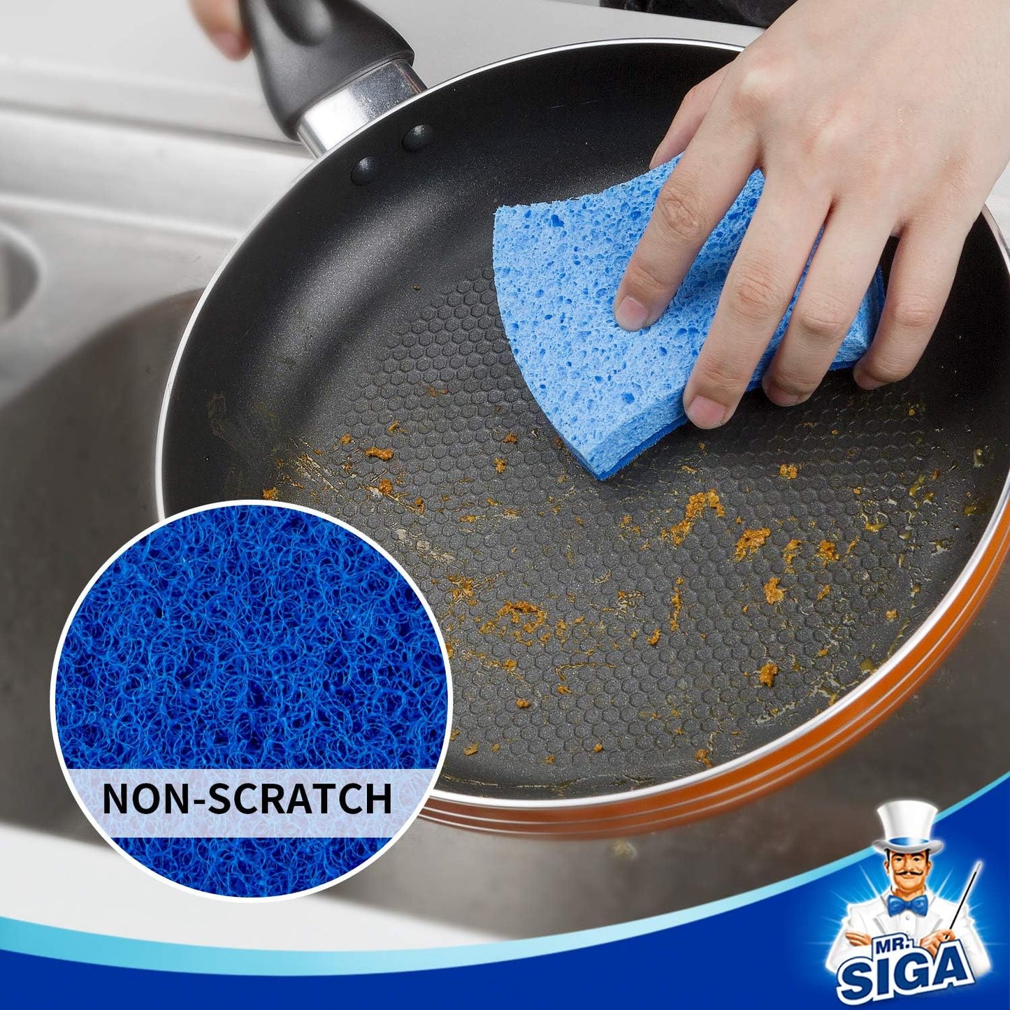 MR.SIGA Non-Scratch Cellulose Scrub Sponge, Dual-Sided Dish Sponge, 12 Pack | Dishwashing sponge for non stick cookware, scratch free dish sponges, kitchen sponges, cellulose sponges, sponges for dishes