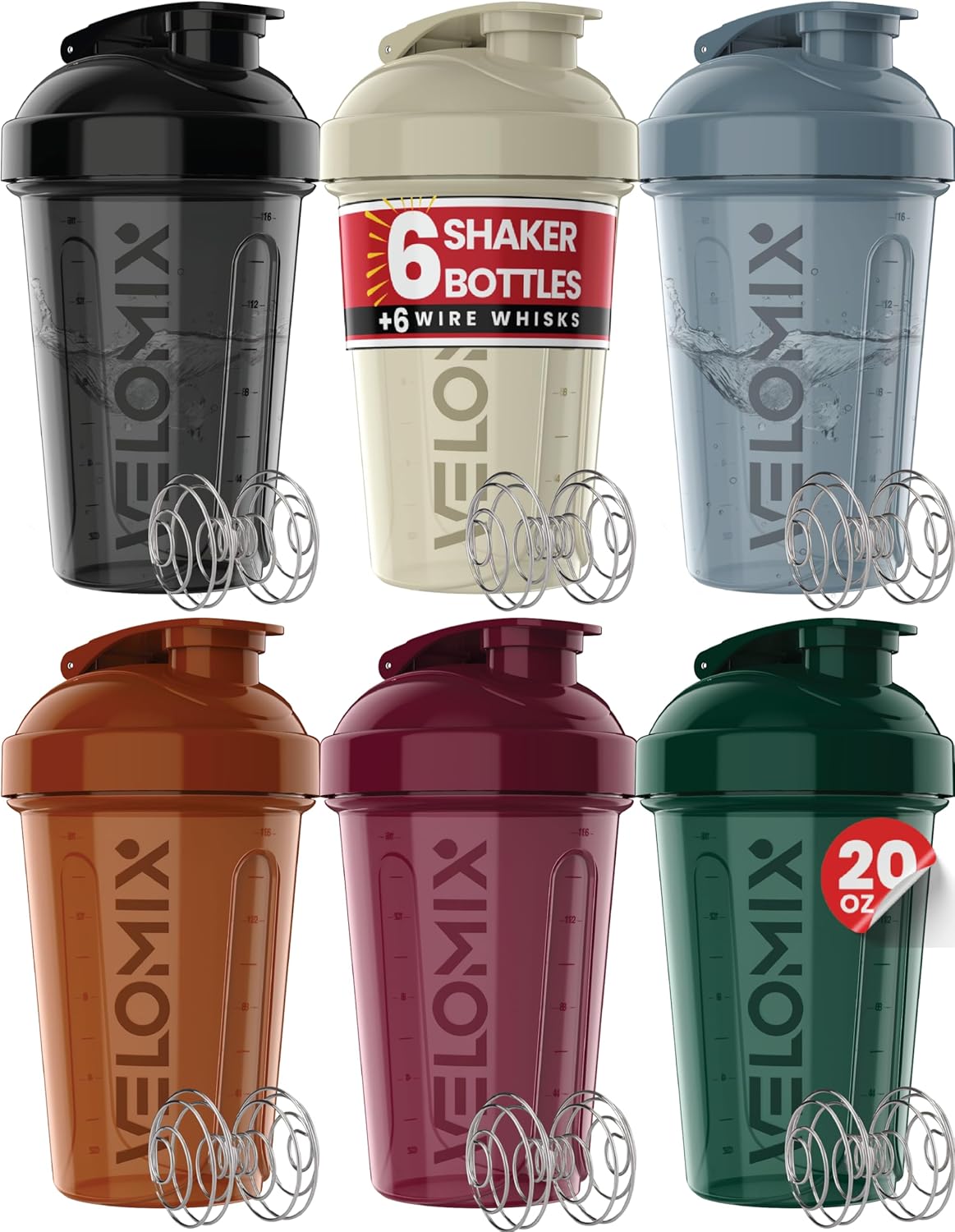 VELOMIX 6-Pack 20oz Protein Shaker Bottles - Leak-Proof, Dishwasher Safe