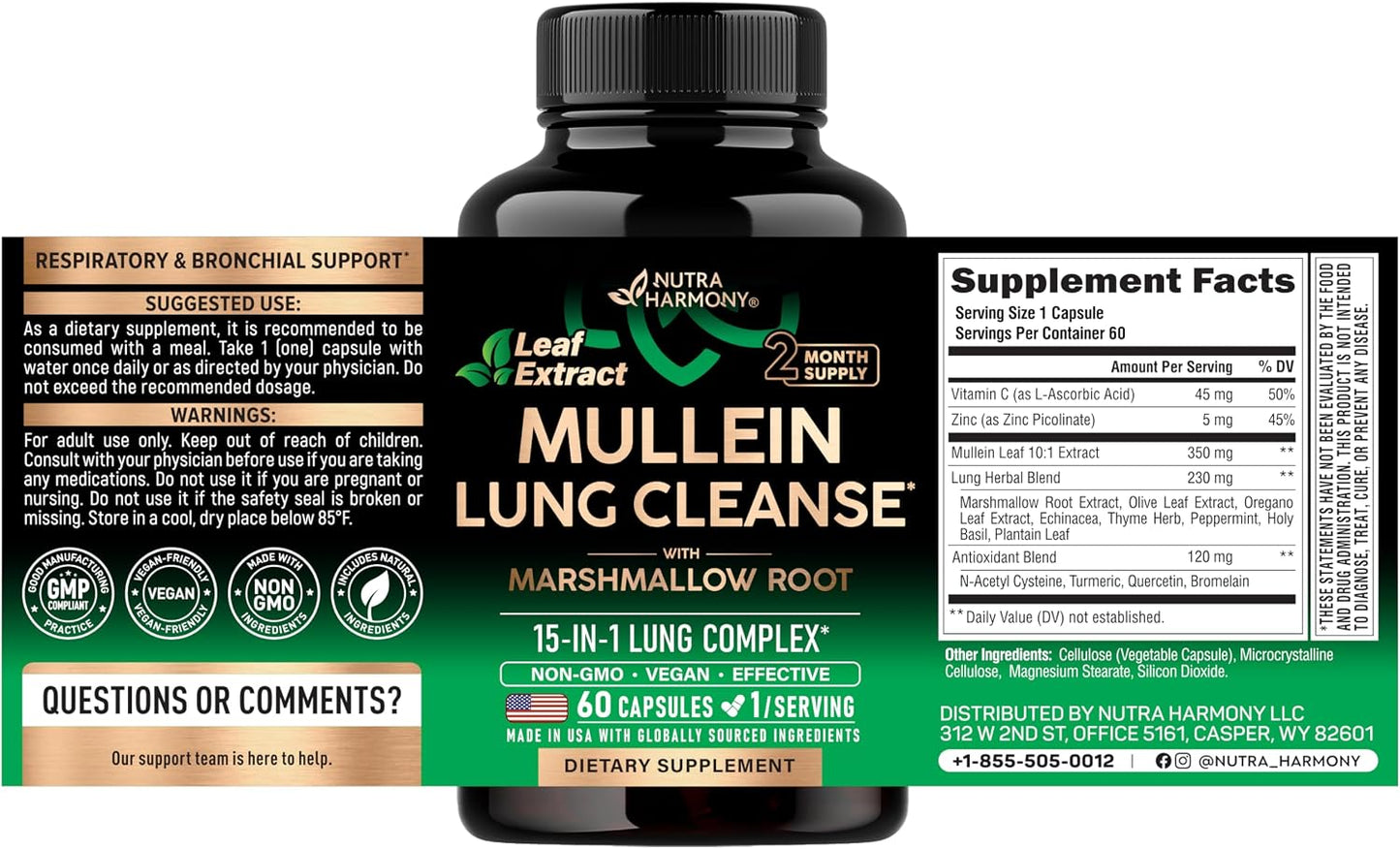 Mullein Lung Detox Supplement with Mullein Leaf 10:1 Extract and 15-in-1 Lung Support
