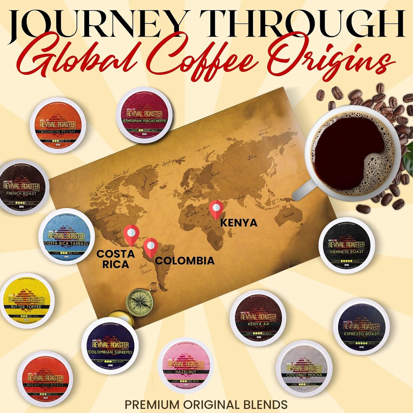 InfuSio Coffee Pods Variety Pack, 96 Count, 12 Crafted Medium & Dark Roast Blends, Compatible with Keurig 2.0 Brewers