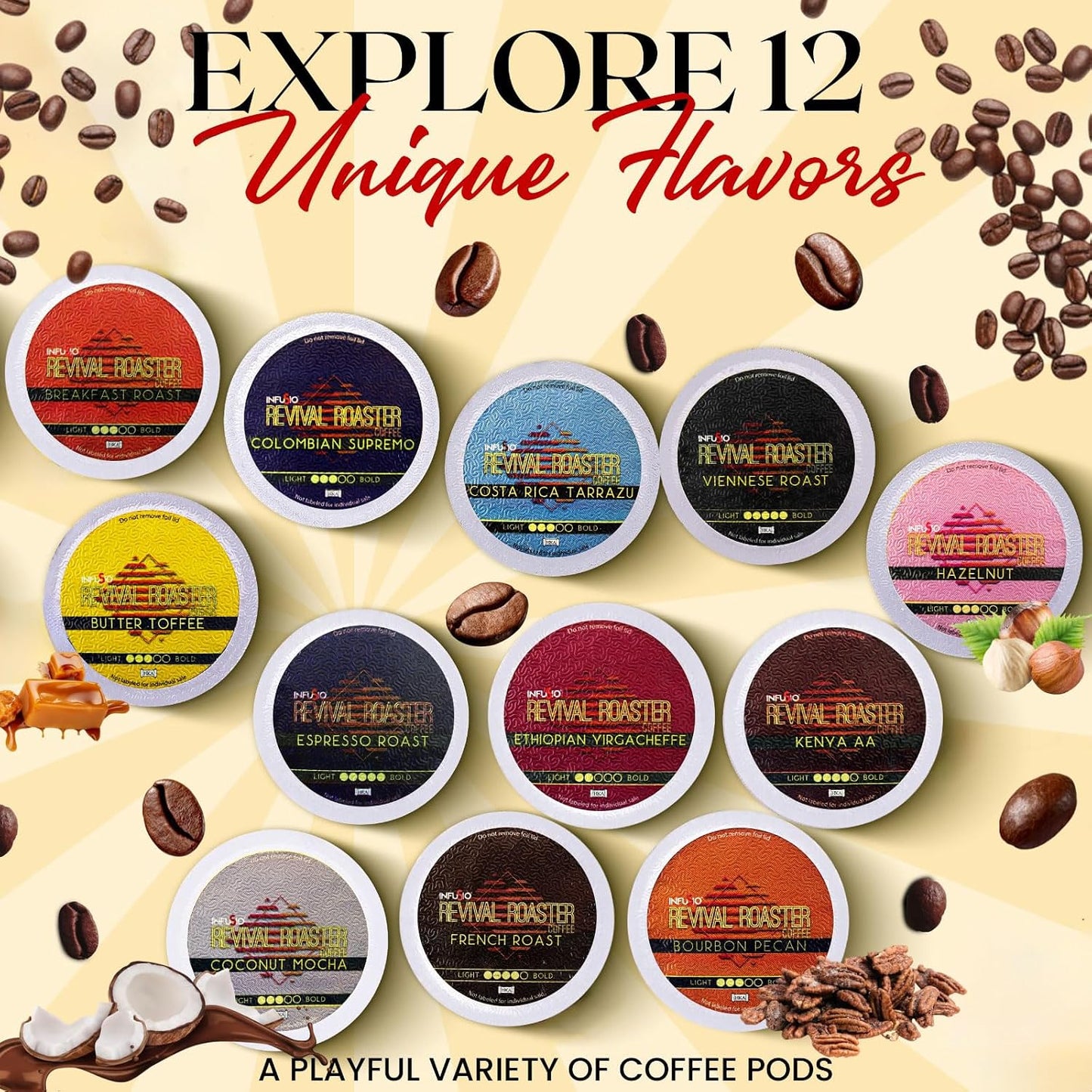InfuSio Coffee Pods Variety Pack, 96 Count, 12 Crafted Medium & Dark Roast Blends, Compatible with Keurig 2.0 Brewers