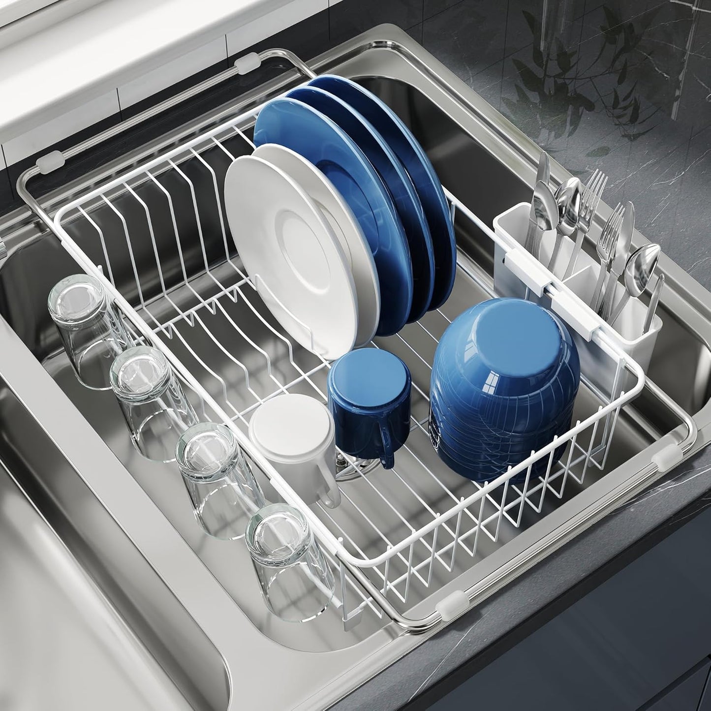 JASIWAY Dish Drying Rack in Sink, Expandable Stainless Steel Dish Drainers for Kitchen Counter, Dish Dryer Rack for Inside Sink, Over The Sink Dish Racks with Utensil Holder, Silver