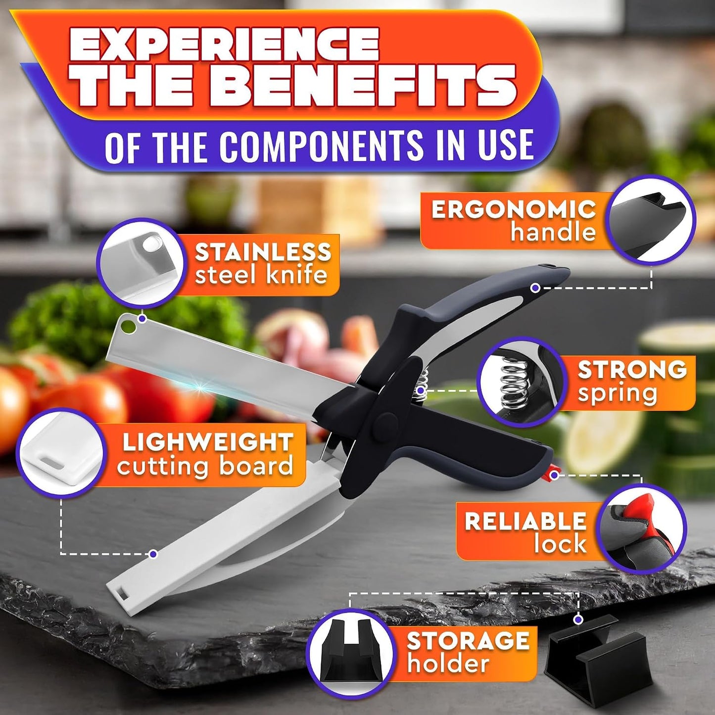 2 in 1 Kitchen Scissors for Food with Cutting Board, Safety Lock | Stainless Steel Cutting Board Scissors for Veggies, Fruit & Cheese; 9.5" Detachable Blade; Dishwasher Safe Tomato Knife