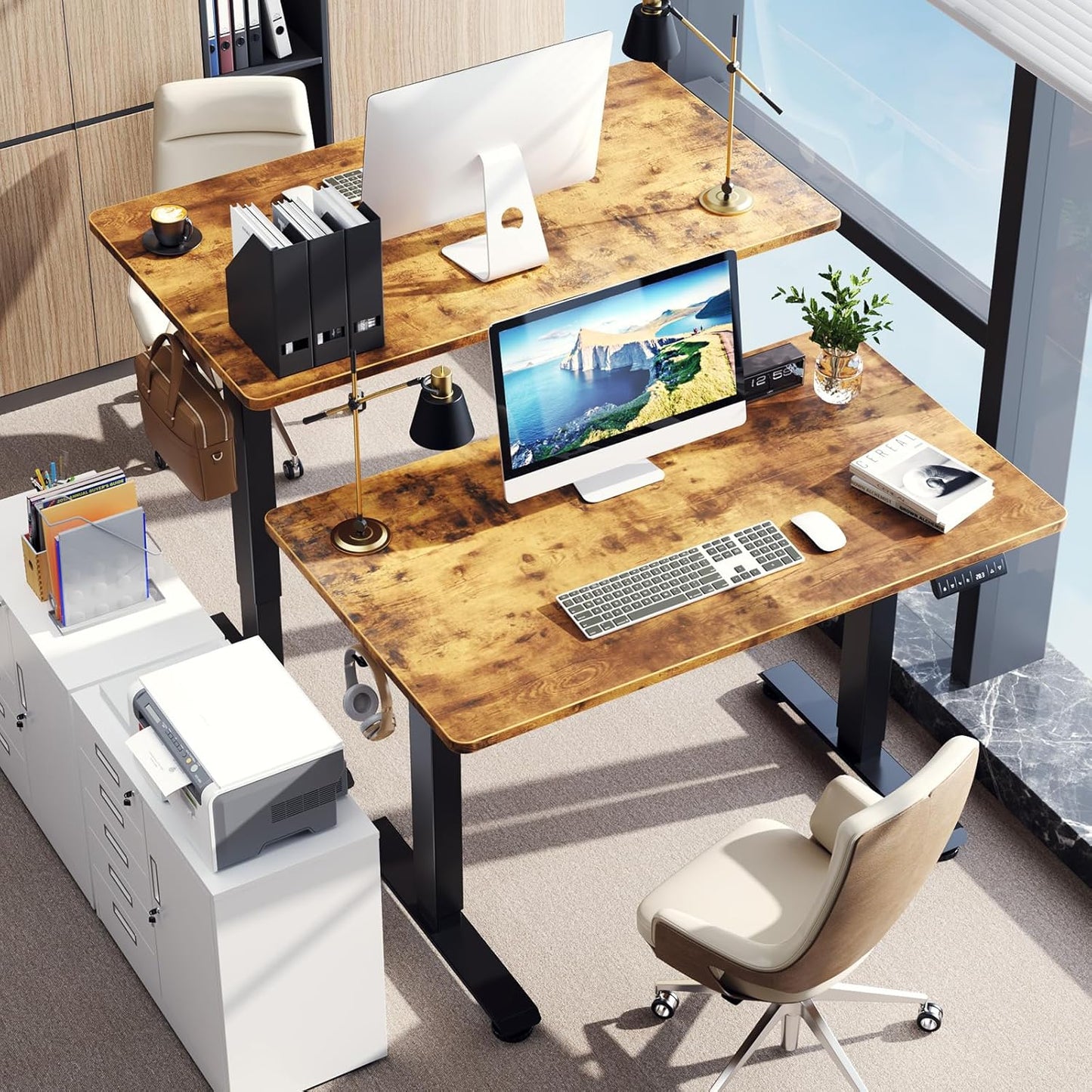 Veken 47.2" Standing Desk, Adjustable Height Office Desk with Wood Desktop, Computer Table for Home Work, Study and Gaming, Small Spaces, Modern Furniture,Brown