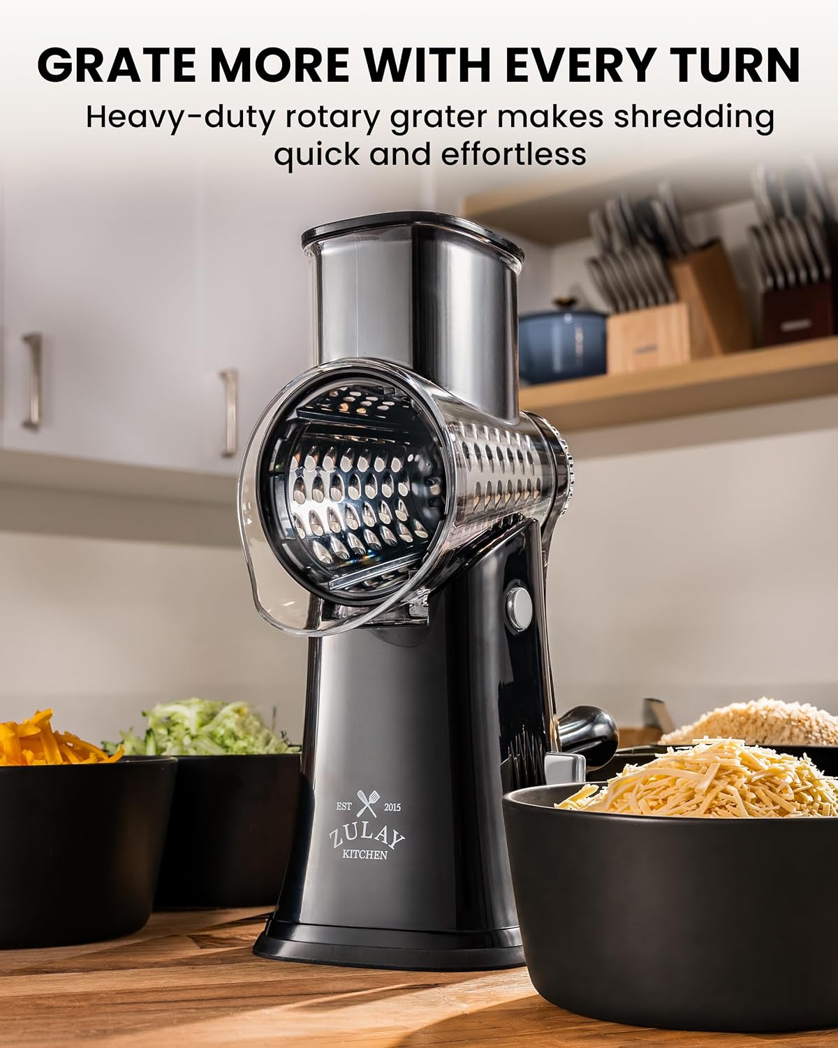 Zulay Kitchen Rotary Cheese Grater 5 Blade Cheese Shredder - Manual Hand Crank Cheese Grater With Reinforced Suction & 5 Interchangeable Drums - Easy to Use, Vegetable Chopper Round Mandoline Slicer