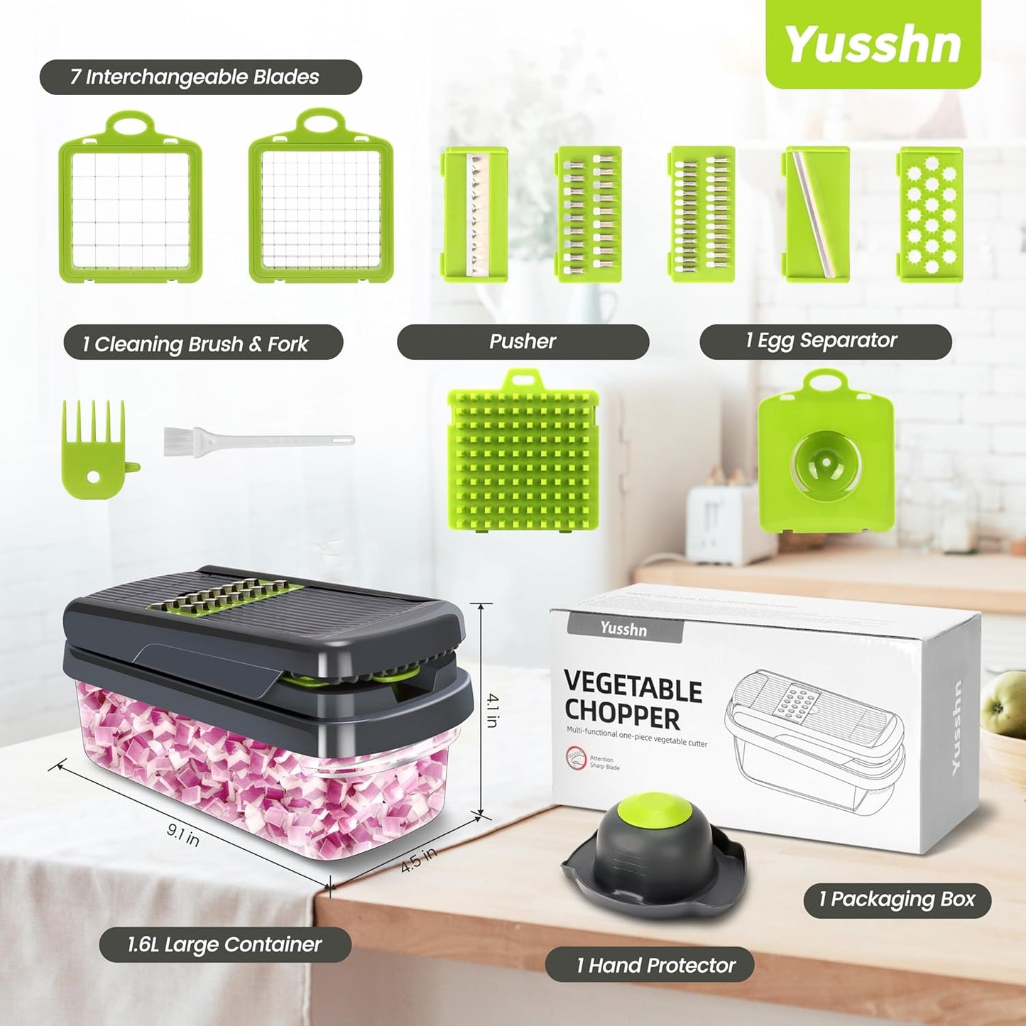 Yusshn Vegetable Chopper, 12-in-1 Food Veggie Chopper Cutter with Container | 7 Sharp Blades Dice, Slice, Shred and Grate for Salads, Onions and Meal Prep, with a Non-Slip Base and Drain Basket