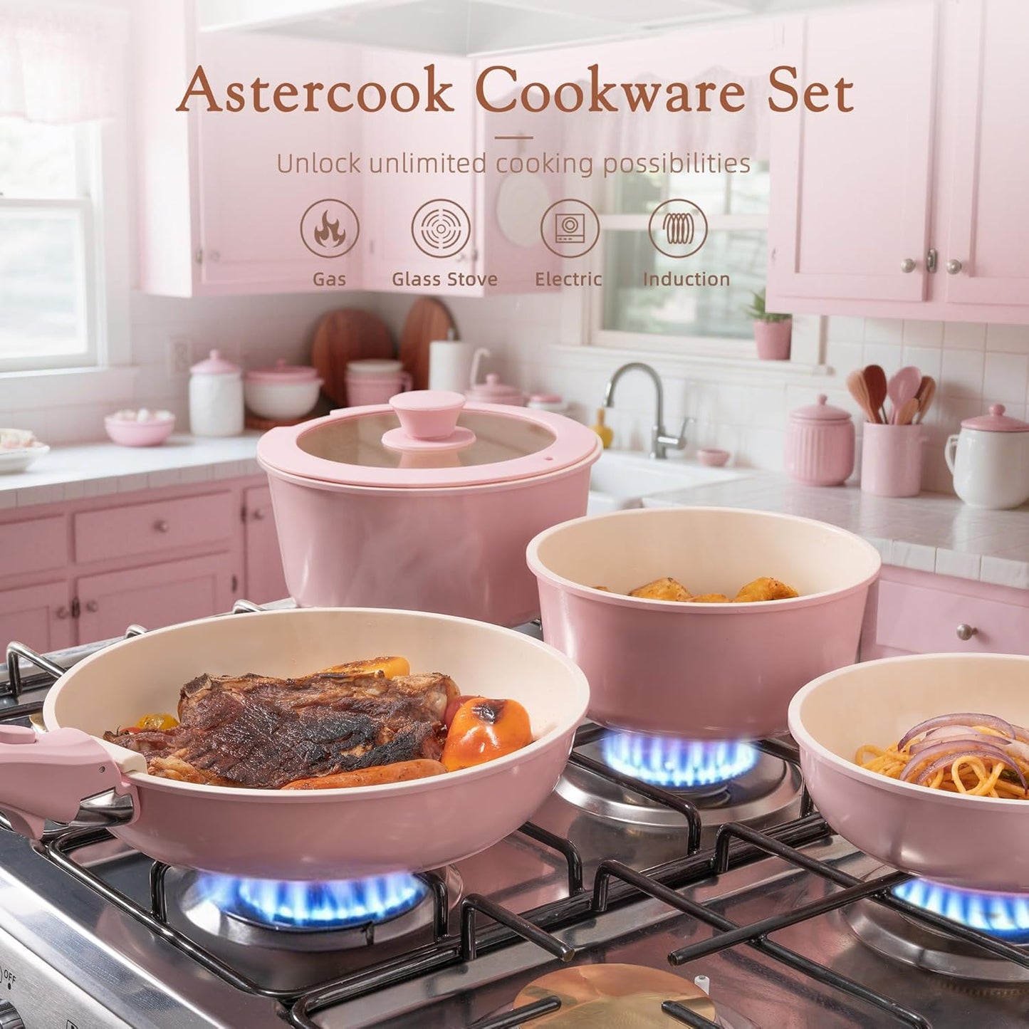 Astercook 21 Pcs Pots and Pans Set Non Stick, Ceramic Cookware Set Detachable Handle, RV Kitchen Cooking Set Removable Handles, Oven Safe, Induction Ready, Stackable, Pink, Fathers Day Gift for Men