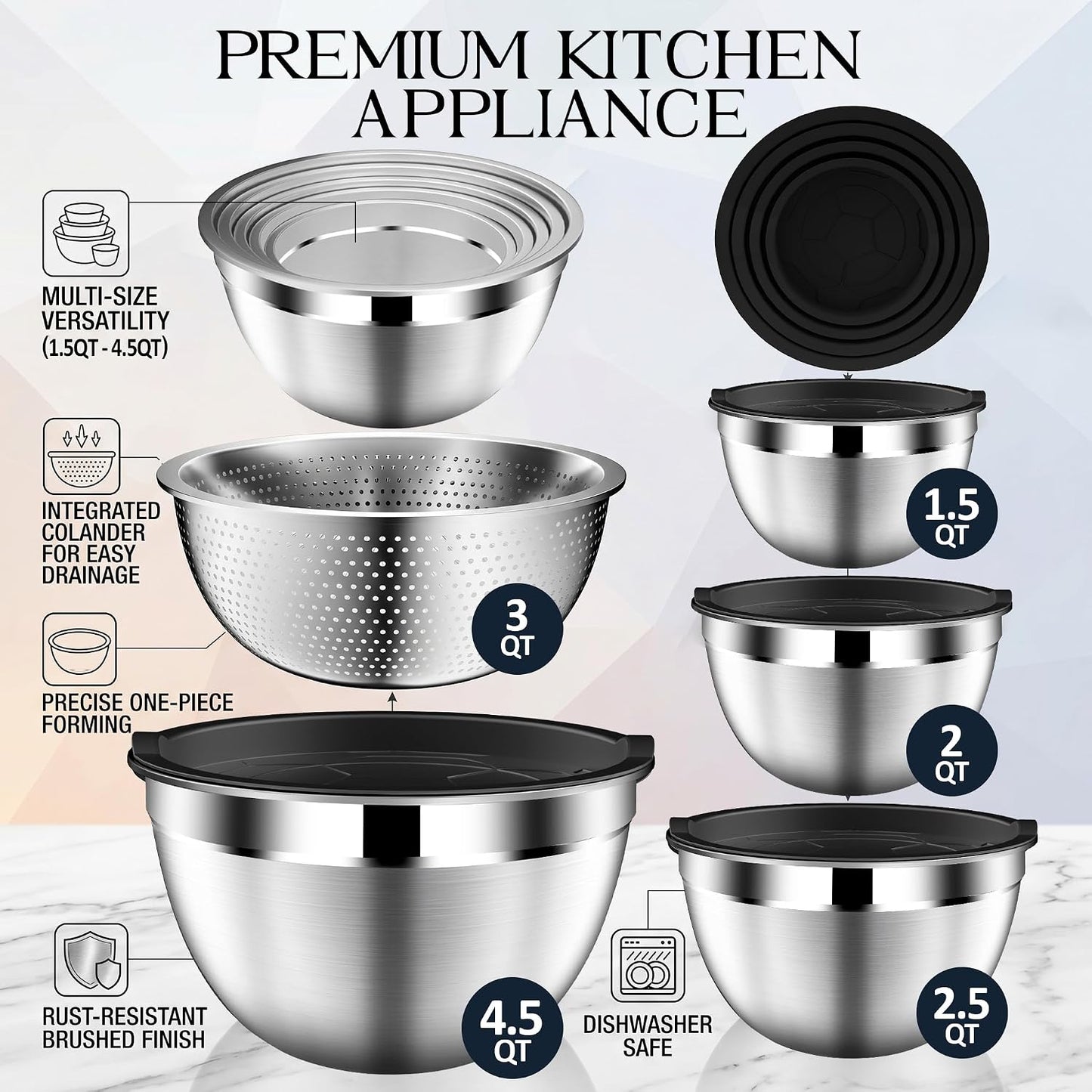 DUTZUN Mixing Bowls with Lids Set, Stainless Steel Mixing Bowls with Colander, Strainer with Mixing Bowl Set, Serving Bowl Kitchen Gift, Size 4.5, 2.5, 2, 1.5QT - Black