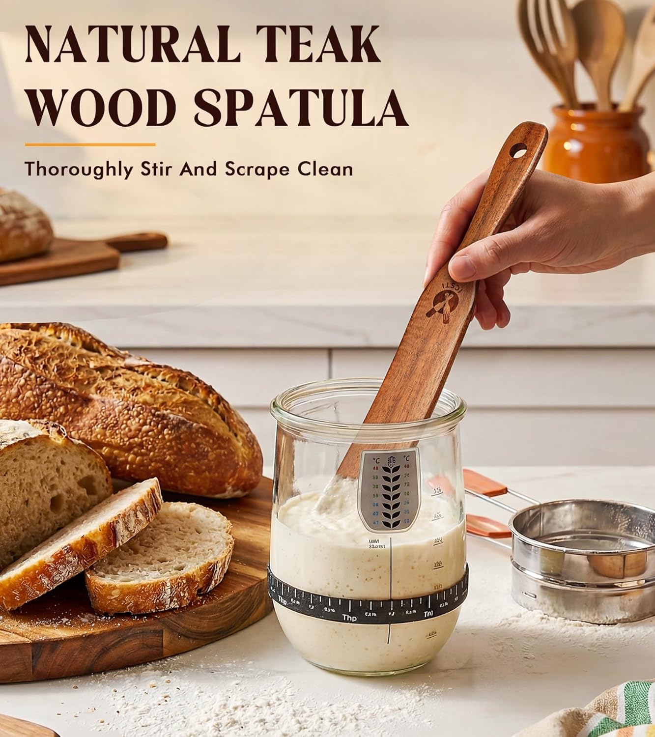 Skinny Spurtle for Sourdough Starter, Mixing, Reaching Bottom of Jar, Dough Whisk, Natural from High Moist Resistance Teak, Spurtles Kitchen Tools Wooden Kitchen Utensils for NonStick Cookware