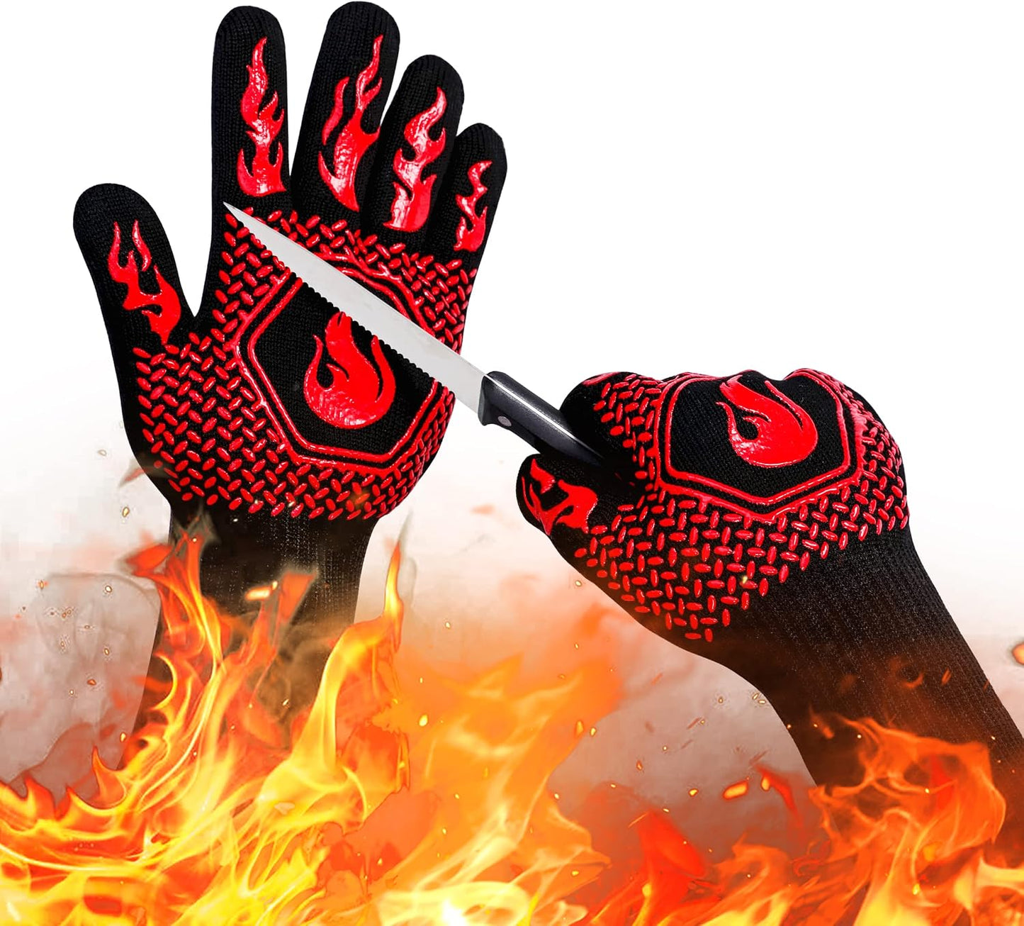 BBQ Gloves 1472F Heat Resistant Non-Slip Silicone 13.8in (Red) | Grill Cut-Resistant, Oven Kitchen Safe for Barbecue, Cooking, Frying, Oven Mitts