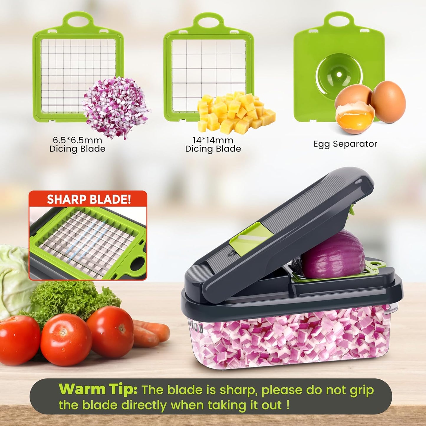 Yusshn Vegetable Chopper, 12-in-1 Food Veggie Chopper Cutter with Container | 7 Sharp Blades Dice, Slice, Shred and Grate for Salads, Onions and Meal Prep, with a Non-Slip Base and Drain Basket