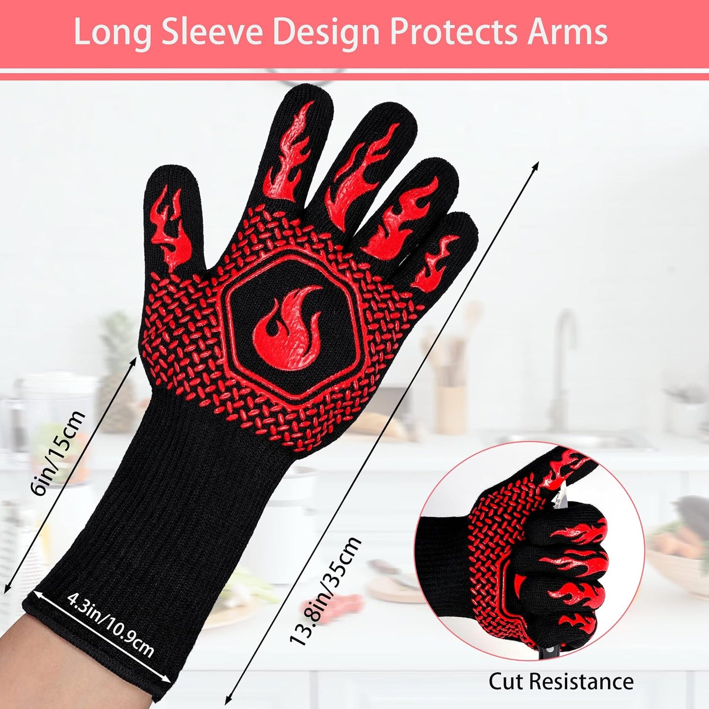 BBQ Gloves 1472F Heat Resistant Non-Slip Silicone 13.8in (Red) | Grill Cut-Resistant, Oven Kitchen Safe for Barbecue, Cooking, Frying, Oven Mitts