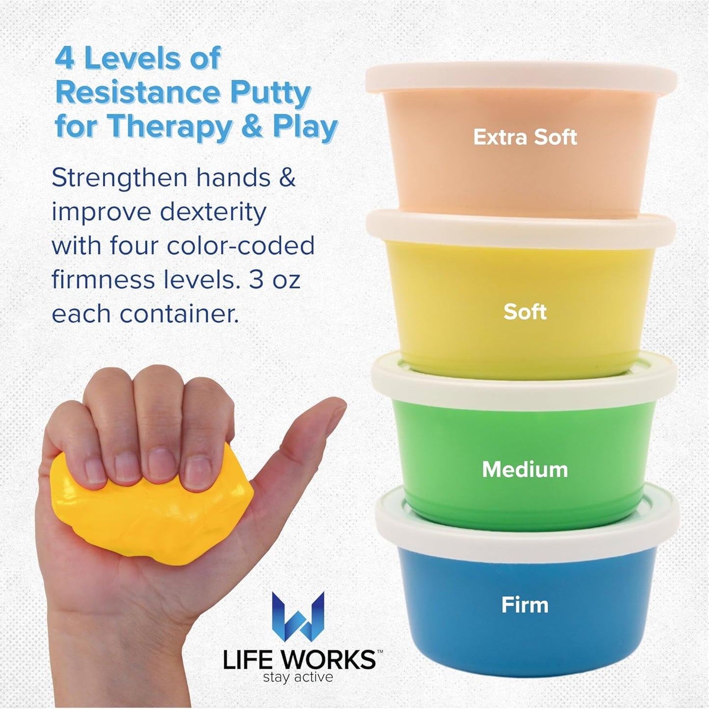 LIFE WORKS Therapy Putty Set for Adults and Teens, 4 Resistance Levels, Non-Toxic Silicone