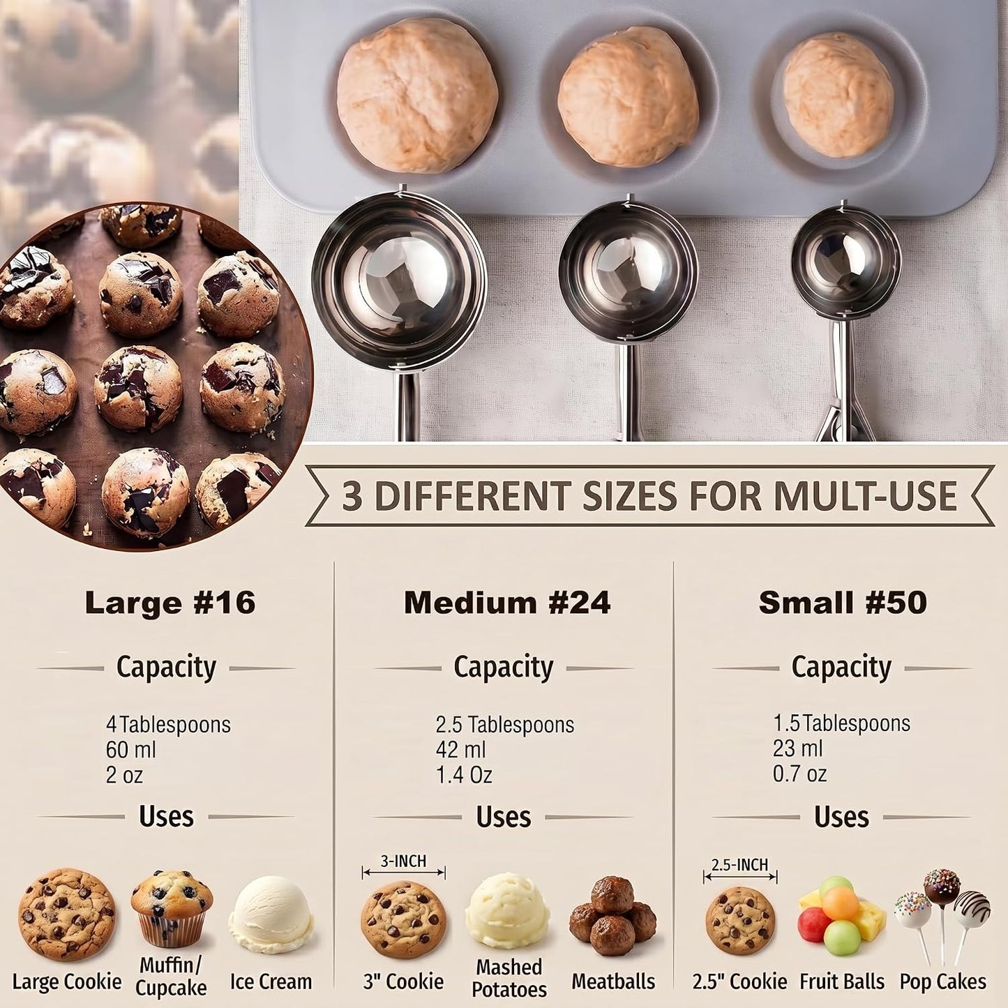 Ice Cream Scoop, 3Pcs Cookie Scoop Set, Stainless Steel Ice Cream Scooper with Trigger Release, Large/Medium/Small Cookie Scooper for Baking, Cookie Scoops for Baking Set of 3 with Cookie Dough Scoop…