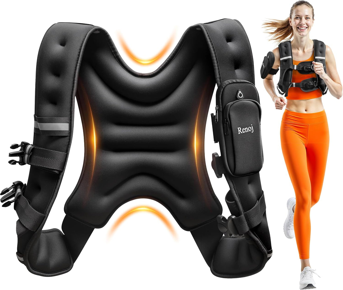 Renoj Weighted Vest for Fitness: 6lb-20lb Fixed Weights, Reflective Strips, Storage Pocket