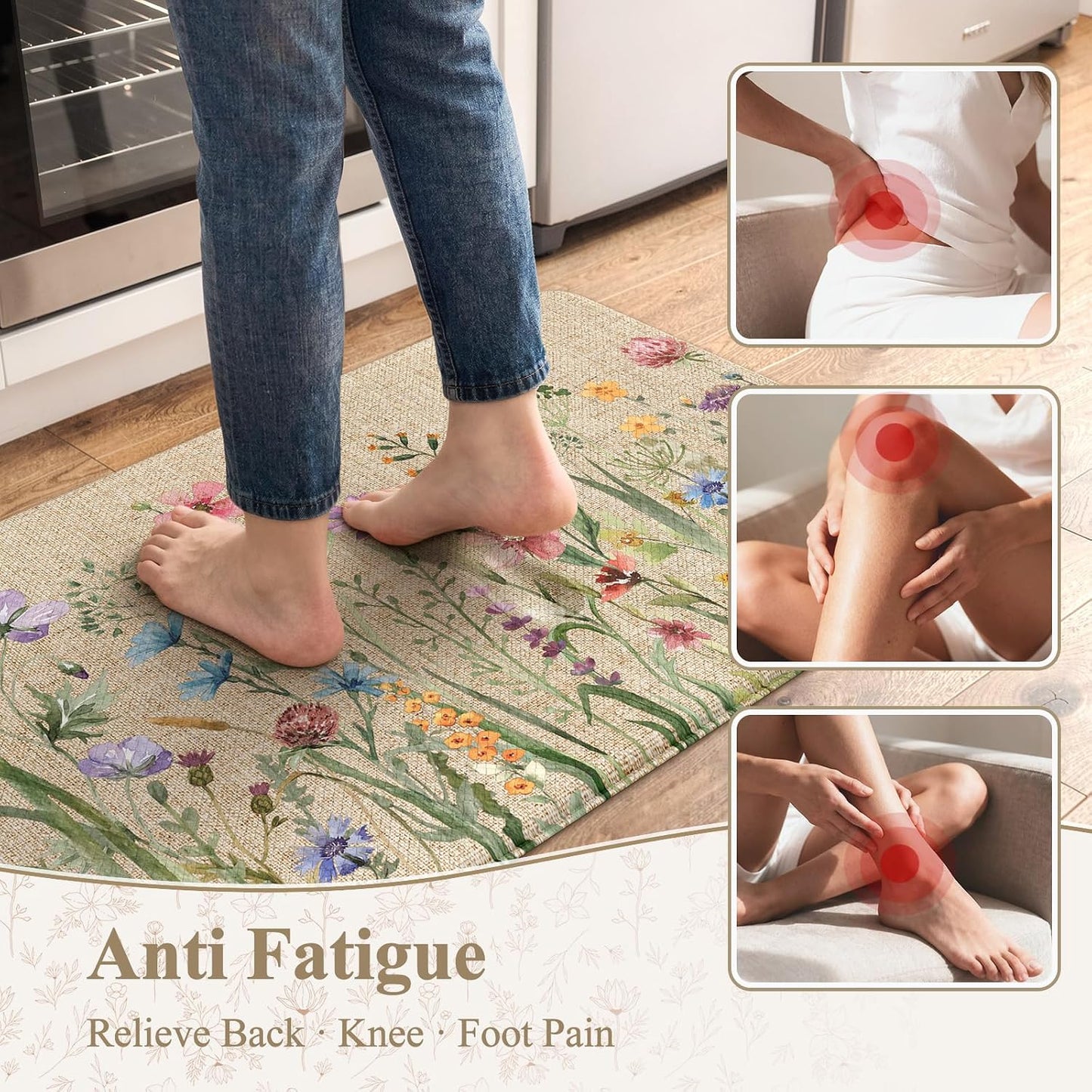 KIMODE Anti Fatigue Kitchen Mat, 17"x47"+17"x29" Floral Kitchen Rugs Sets of 2, Farmhouse Kitchen Floor Mats Non-Slip Cushioned, Comfort Standing Desk Mat for Sink, Laundry,Home Brown
