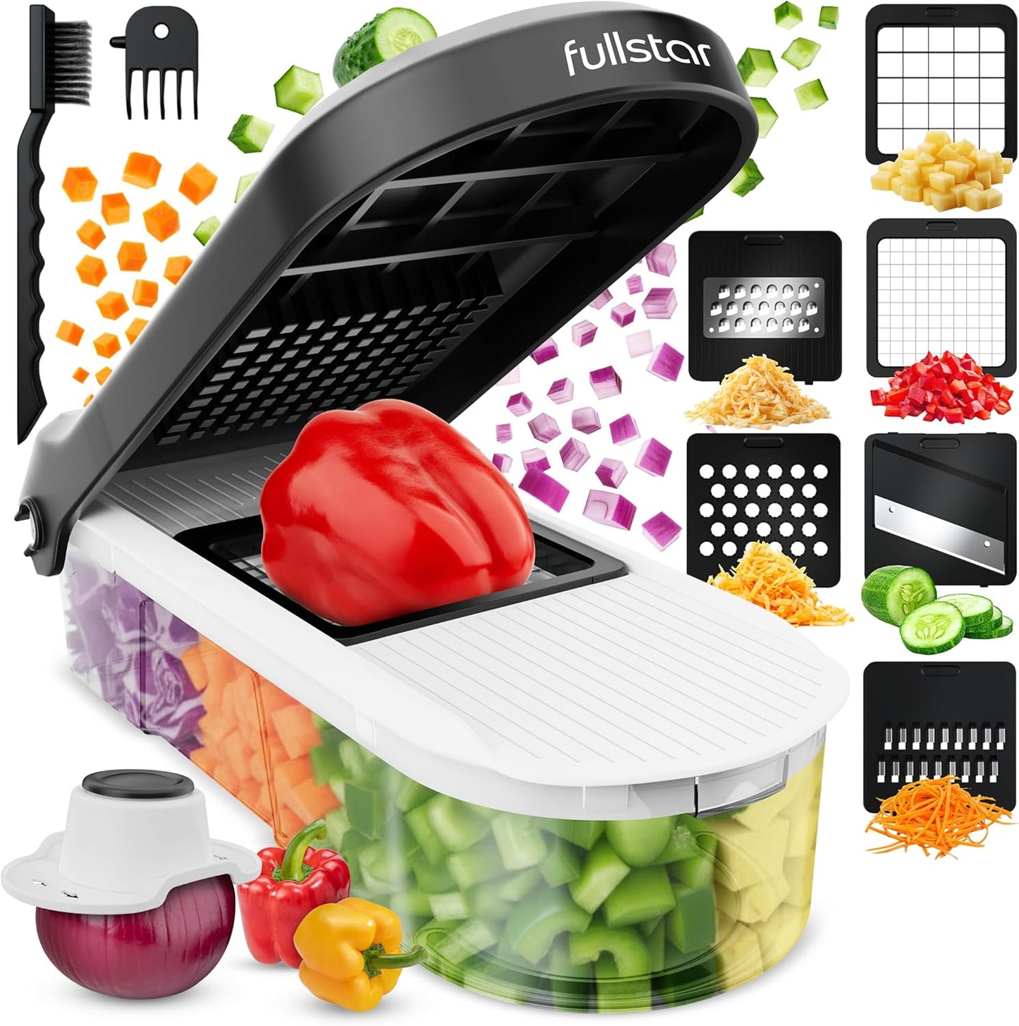 Fullstar Pro Core Vegetable Chopper & Mandoline Slicer, Meal Prep Essential | 6 in 1 Veggie Slicer, Onion & Fruit Slicer with Julienne, Grater & Dicer Stainless Steel Blades + Container (White)