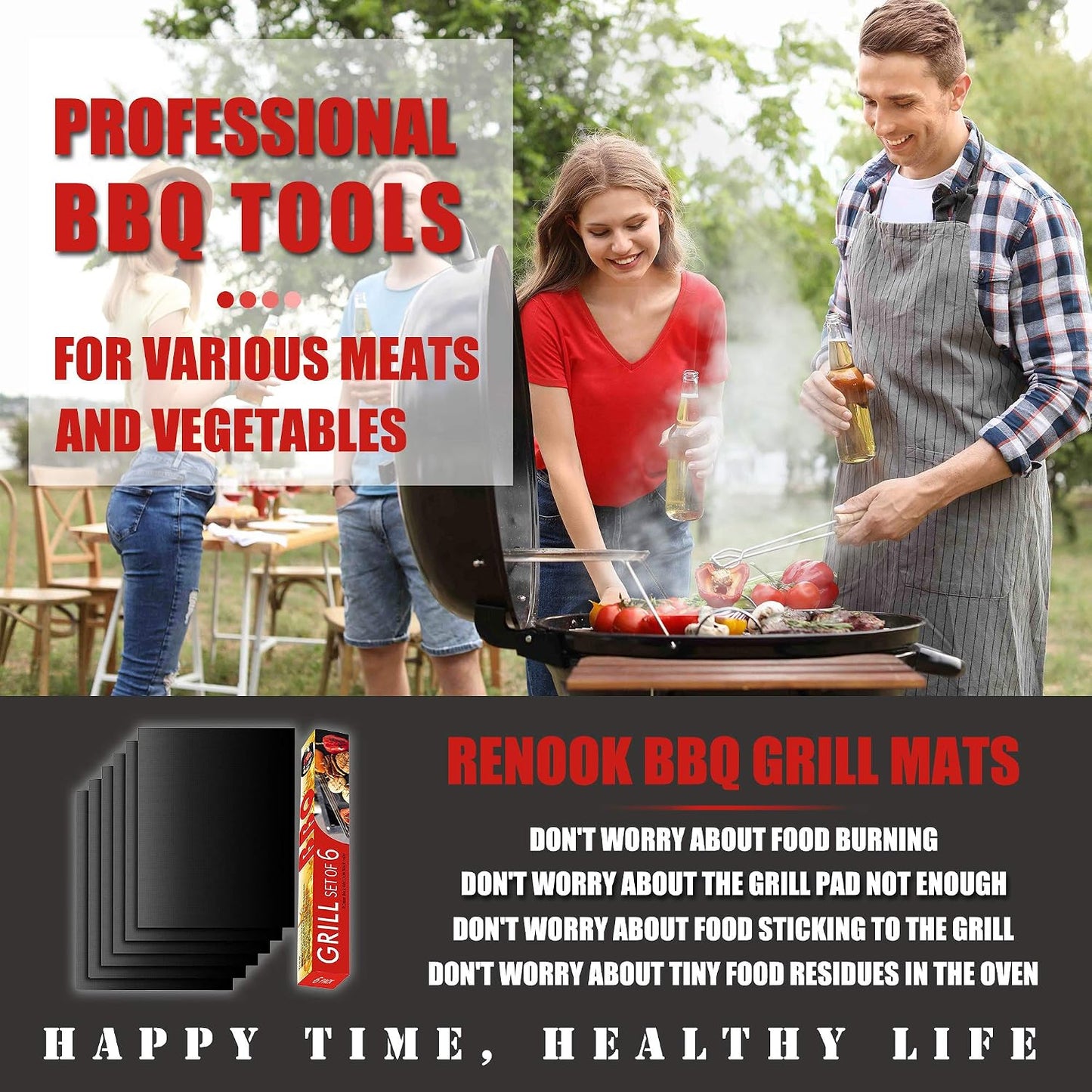 Grill Mat Set of 6, Non-Stick, 15.75 x 13 Inch, Black | Reusable Mats for Gas, Charcoal, or Electric Grills, Easy to Clean