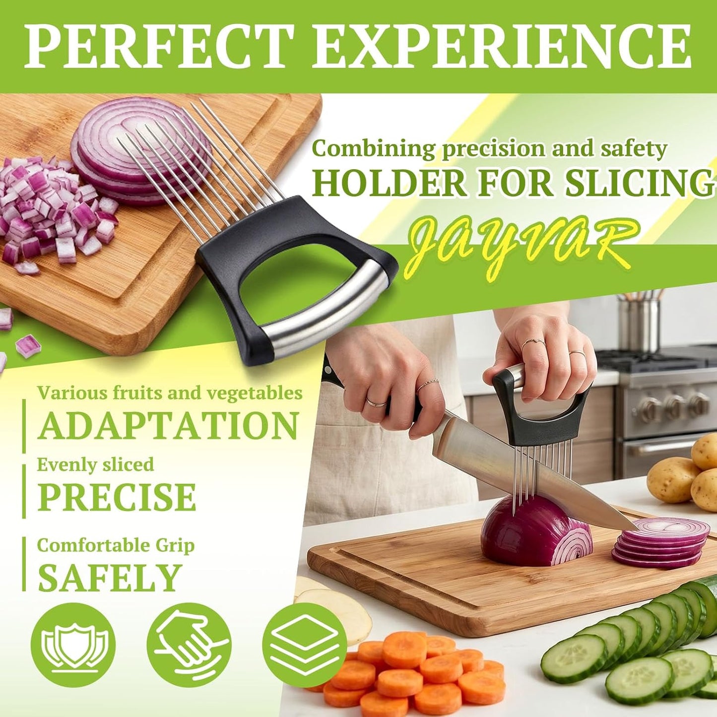 JAYVAR Onion Holder for Slicing, 304 Stainless Steel | 10 Long Needles, Vegetable Chopper, Food Slicing Guide, Multi-Purpose Cutter for Tomato Potato