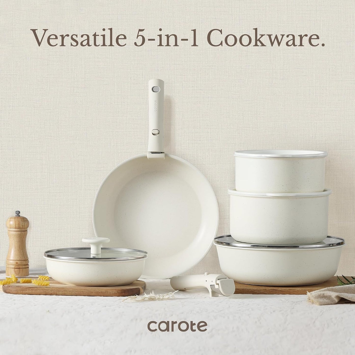CAROTE 19pcs Pots and Pans Set Non Stick, Detachable Handle Cookware | Kitchen Cooking Sets, Space Saving, Dishwasher & Oven Safe, Non-Toxic, for Camping/RV/Traveling, Cream White