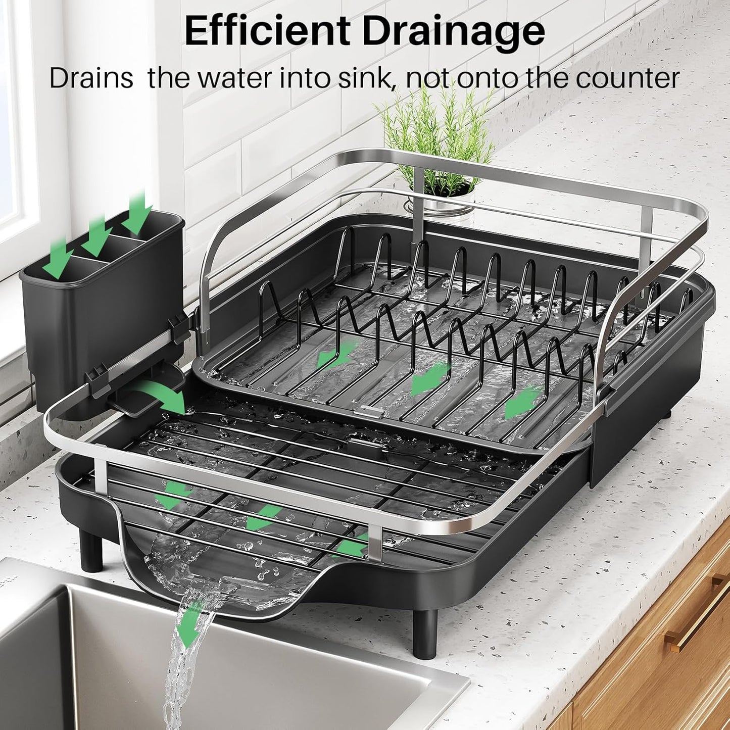SNTD Expandable Dish Drying Rack for Kitchen Counter, 15.2-22.1 in, Black | Rust-Resistant Stainless Steel, Protective Side Rails, Self-Draining Drainboard, Removable Utensil Holder