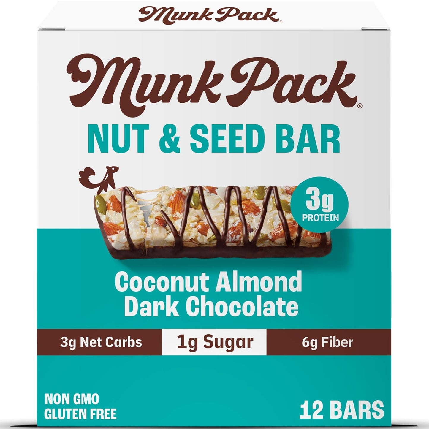 Munk Pack Coconut Almond Dark Chocolate Nut Bars, 12 Count, Gluten Free, Keto, Low Carb, 5g Fiber, Plant Protein