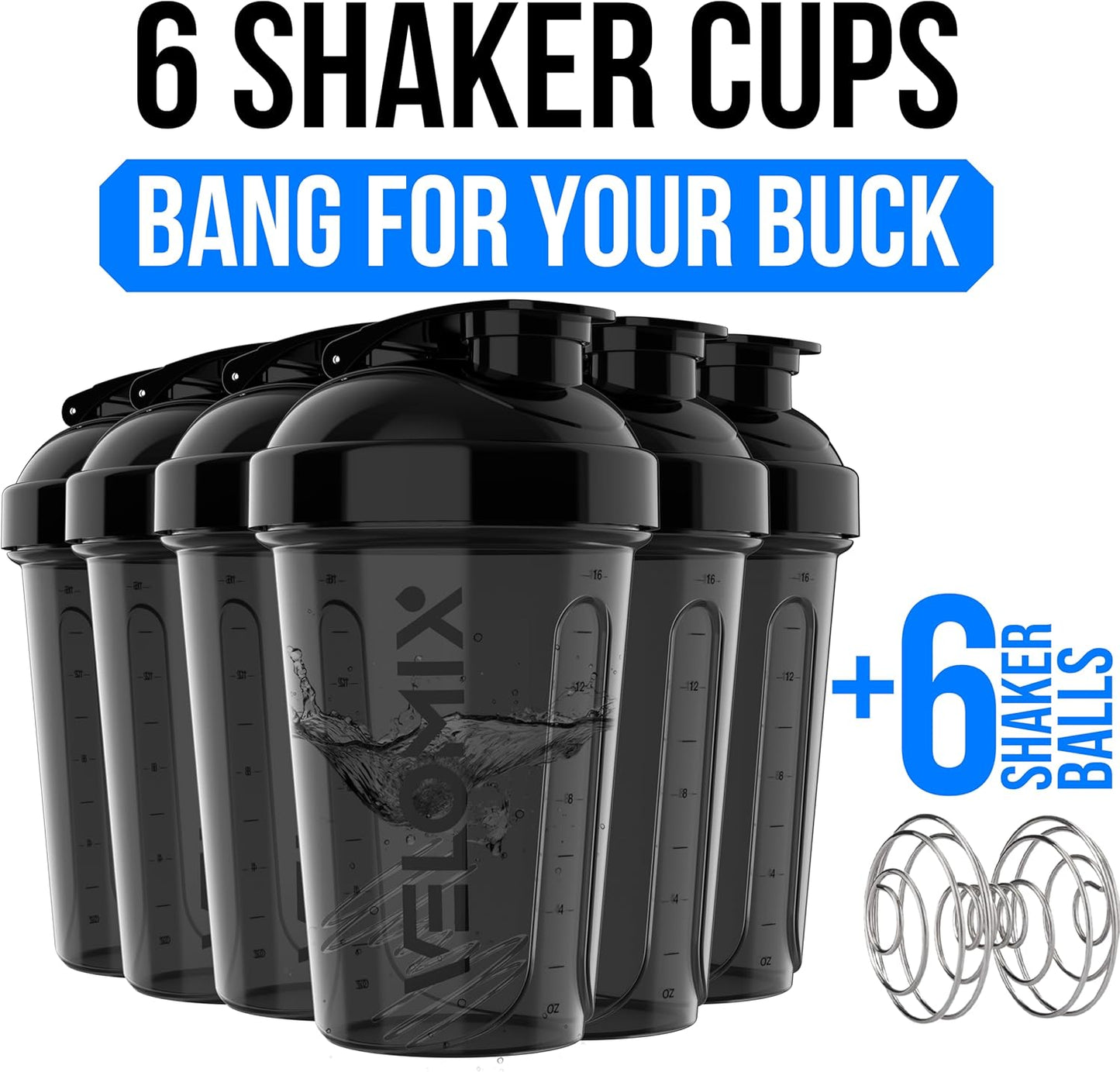 VELOMIX 6-Pack 20oz Protein Shaker Bottles - Leak-Proof, Dishwasher Safe