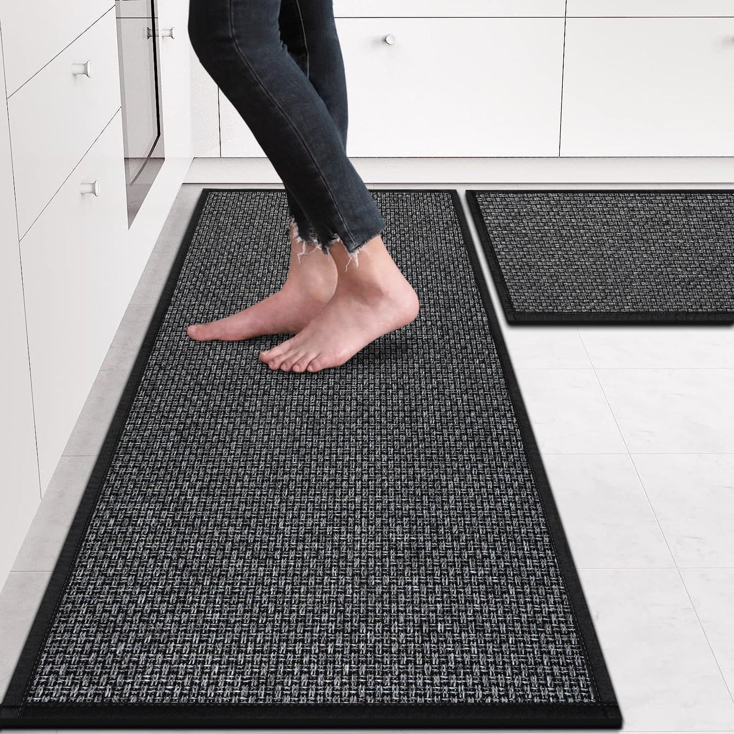 eqivei Kitchen Rugs and Mats Non Skid Washable Set of 2 PCS, Absorbent Runner Rugs for Kitchen, Front of Sink, Kitchen Mats for Floor, 17.3"x 47"+17.3"x 29" (Black)