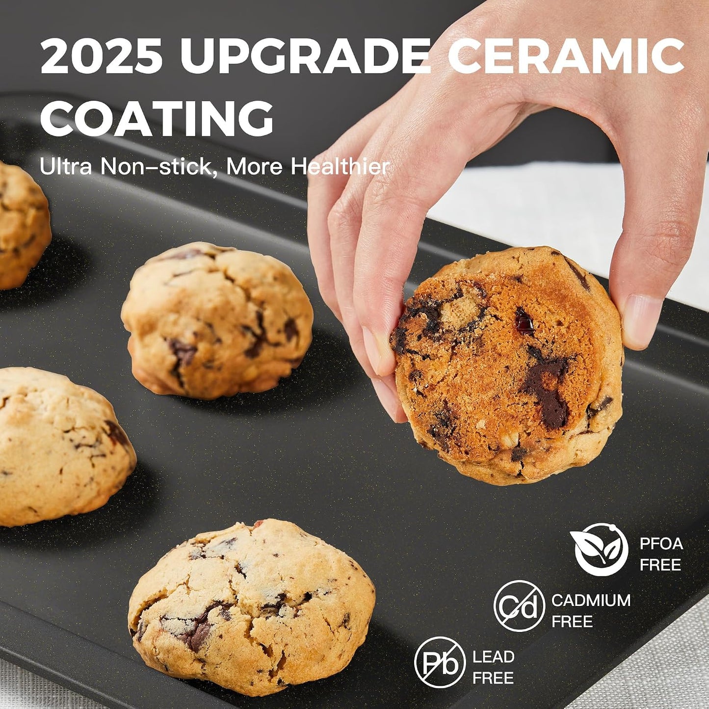 HONGBAKE Ceramic Baking Sheet Pan Set of 3, Easy to Grab, Non-Toxic | Commercial Cookie Sheets for Oven, Nonstick Half/Jelly Roll/Quarter Baking Tray,Wider Gribs, Premium,Easy to Clean- Dark Grey
