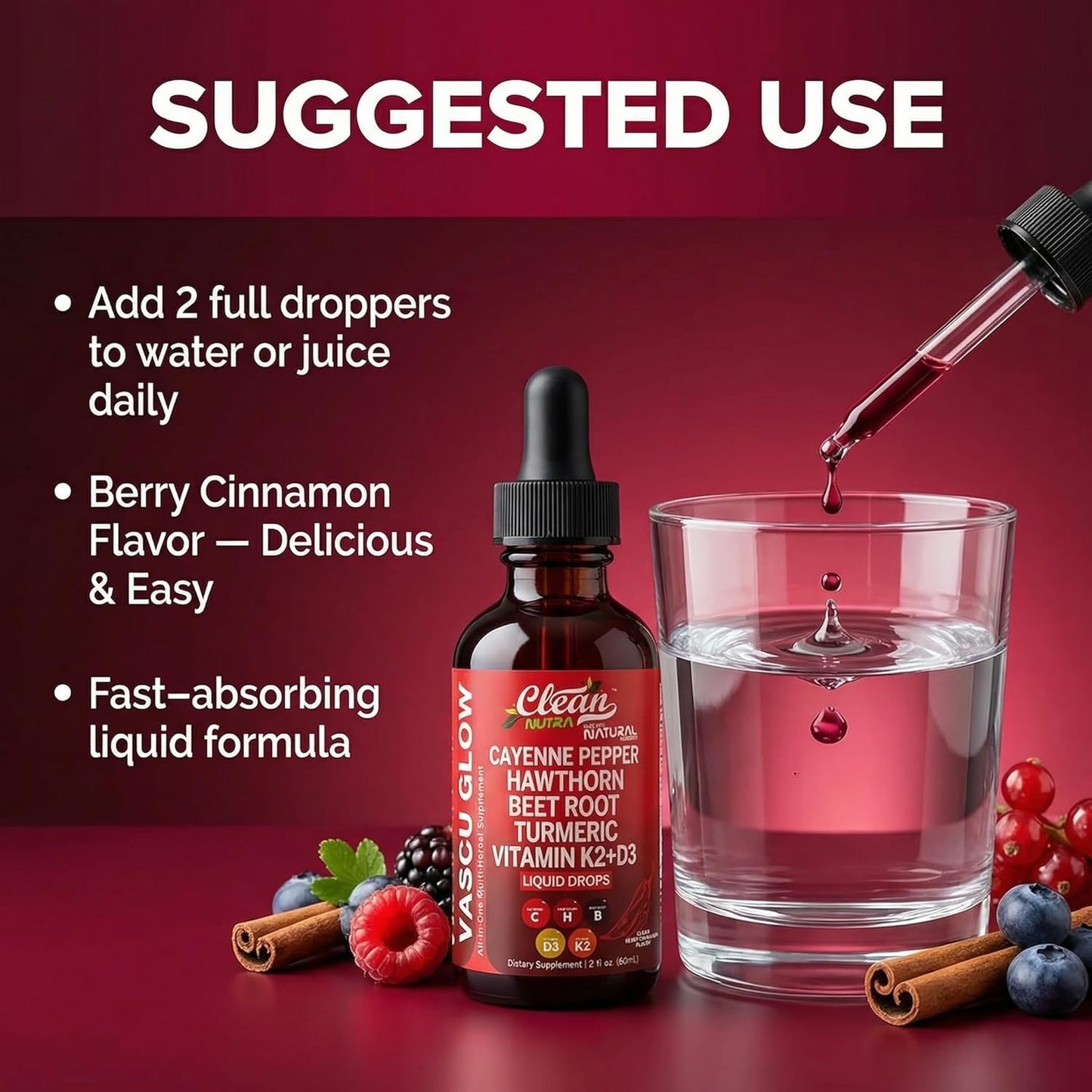 Clean Nutra Cayenne Pepper Drops Supplement Liquid + Hawthorn Berry, Vitamin D3 K2 Beet Root Powder, Ceylon Cinnamon, Turmeric Curcumin, Organic Panax Ginseng, Berberine Extract 1 Pack