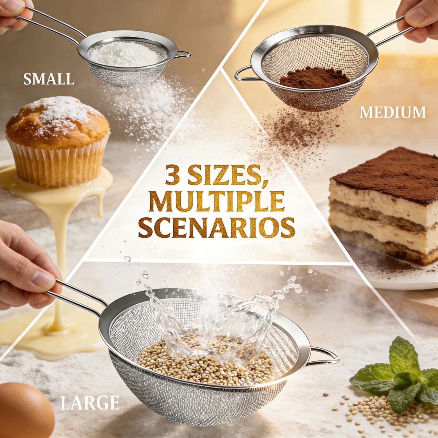 Anaeat Fine Mesh Strainers - Premium Stainless Steel Colander Sieve Sifters, with Durable Mesh and Sturdy Handle, Excellent for Sifting Dry ingredients, Flour, Pastas, Rice, Tea (3.15"+5.5"+7.87")