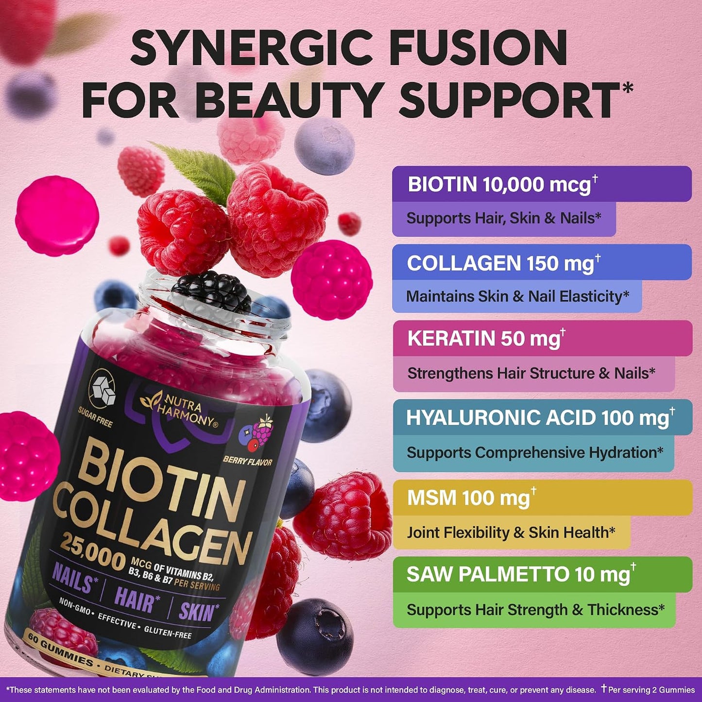Biotin Gummies with Collagen - Hair Growth Support, Skin, & Nail Strength - for Women & Men - Biotin 10000mcg | Keratin | Hyaluronic Acid | B-Complex | Nettle - Sugar-Free, Mixed Berry, 60 Gummies