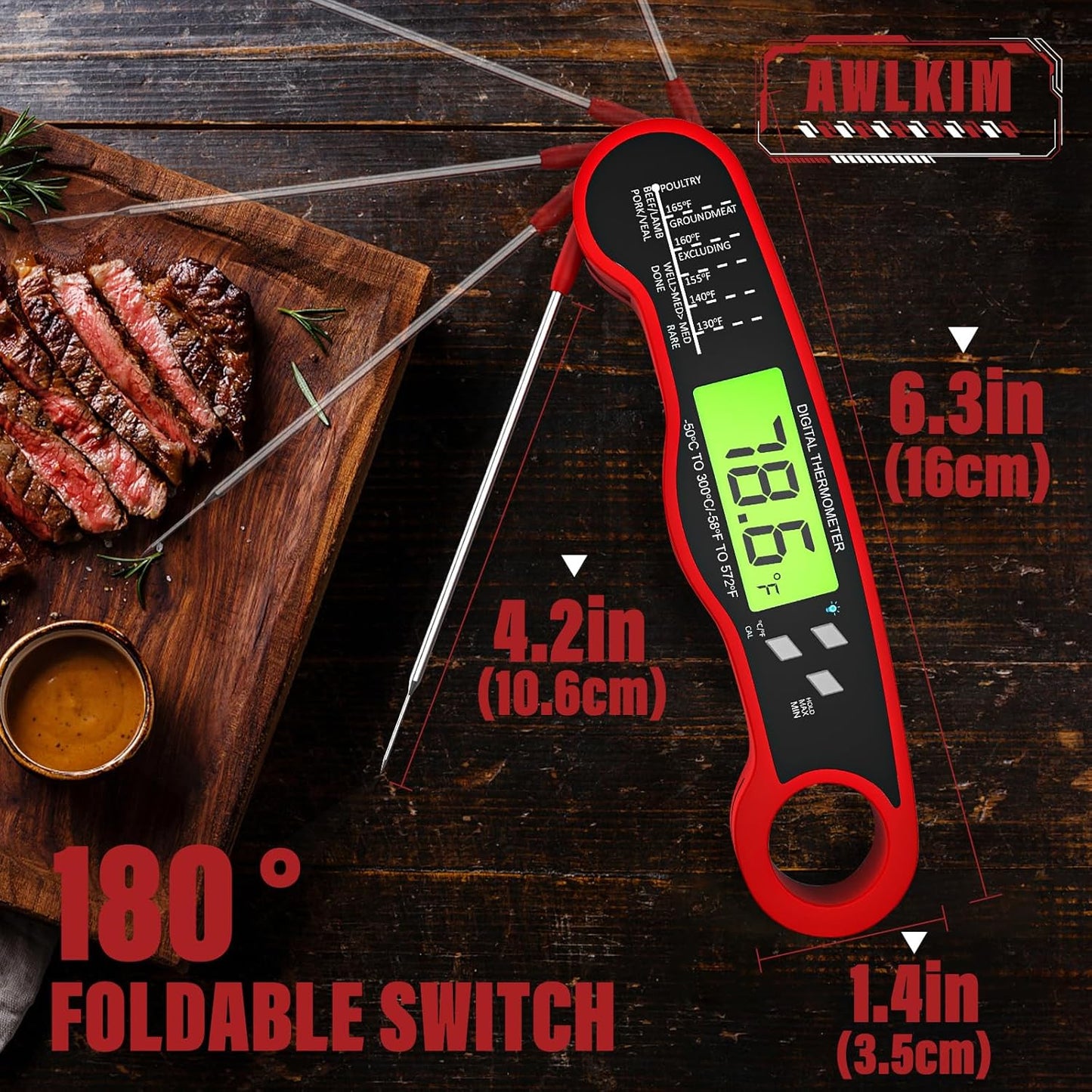 AWLKIM Meat Thermometer Digital, Instant Read Food Thermometer, Red | Waterproof cooking thermometer with doneness chart, backlight, F/C switch for BBQ, candy, oil