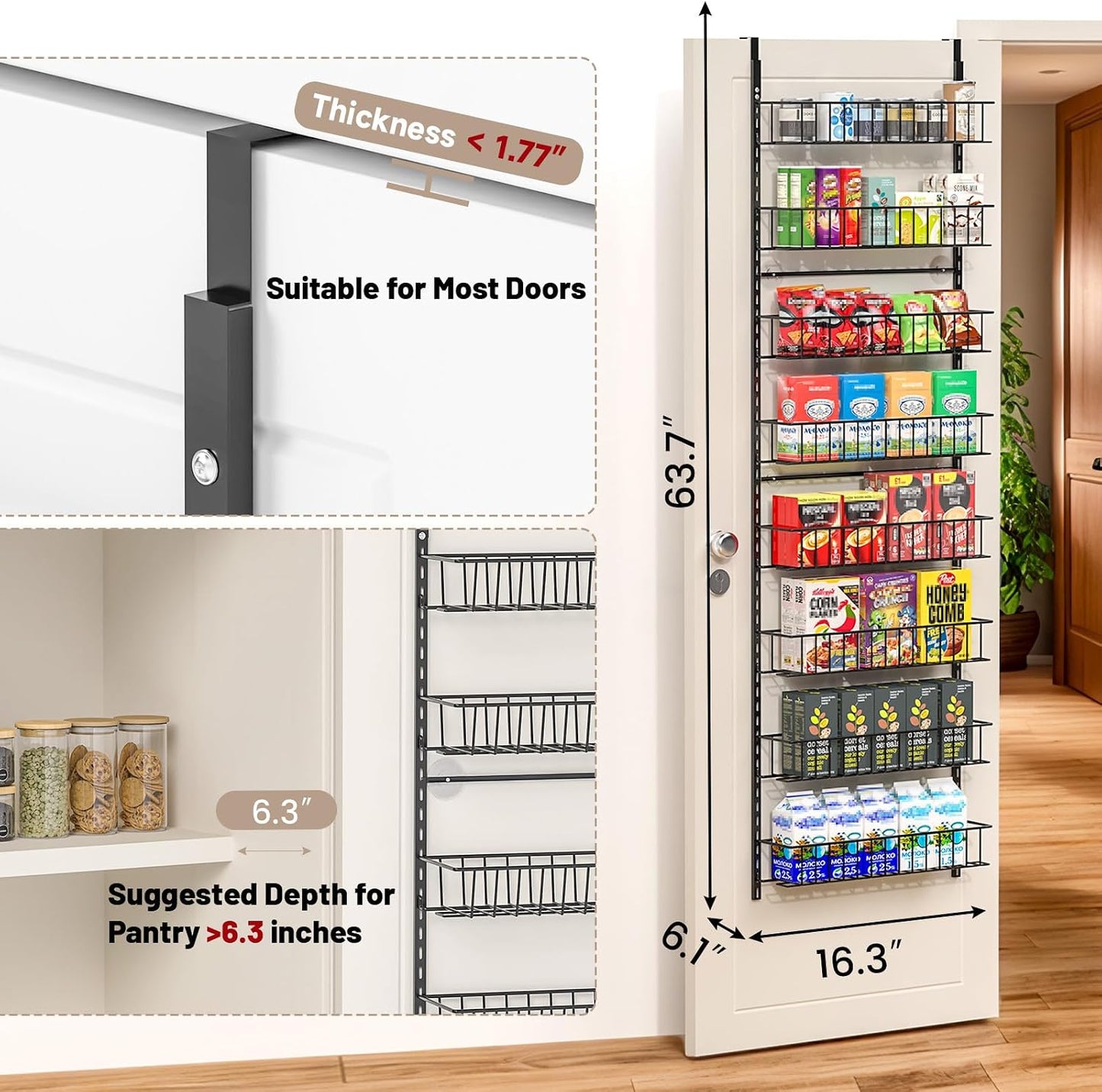 ElegantArray 8-Tier Pantry Door Organizer, Black | Over The Door, Hanging Spice Rack Shelves, Home Office Laundry Room Bathroom & Kitchen, Storage Rack