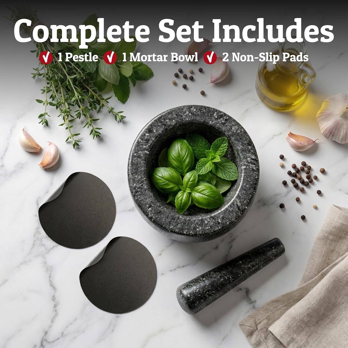 Priority Chef Heavy Duty Large 1.5 Cup Mortar and Pestle Set, 100% Natural Granite, 5.5 Inch Diameter Bowl, 6.2 Inch Pestle, Non-Slip Base, Stone Grinder for Guacamole Salsa Pesto Herbs Spices, Black