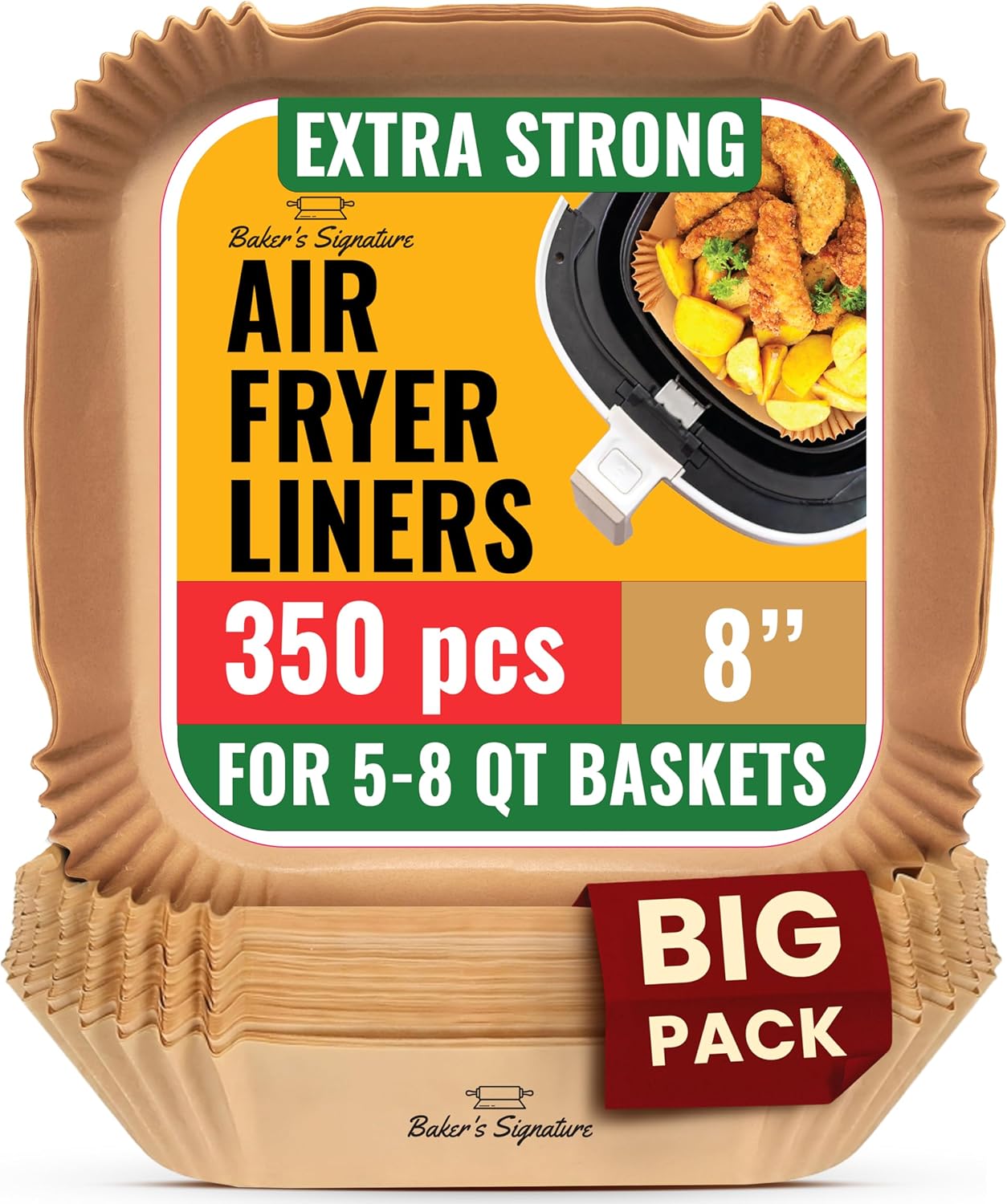 Air Fryer Paper Liners, 125Pcs Air Fryer Disposable Liners | Non-Stick and Oil Proof for Easy Cleanup, 8" Square for 5-8 qt Basket by Baker's Signature