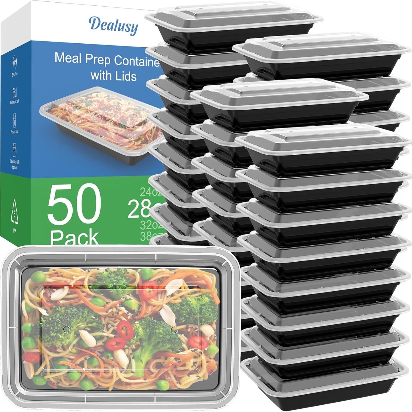 Dealusy 50 Pack (100-Piece) 24 oz Meal Prep Containers Reusable with Lids, Sturdy Leakproof & Food Safe, Microwave, Freezer, Dishwasher Safe Prep Containers, To Go Take Out Plastic Food Storage