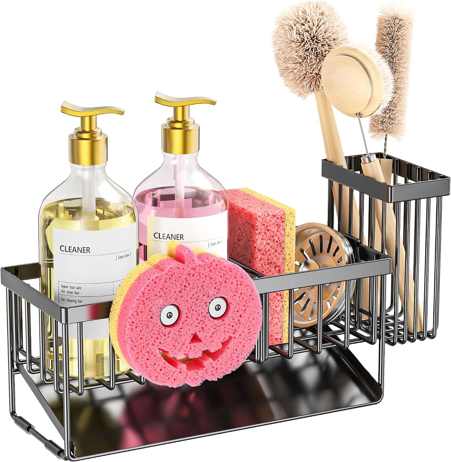 Cisily Sponge Holder for Kitchen Sink, Smiley Face Sink Caddy with Removable Brush Holder,Self-Draining Sponge Caddy for Sponge,Soap,Dish Brush,Scrubber,Kitchen Essentials and Gadgets