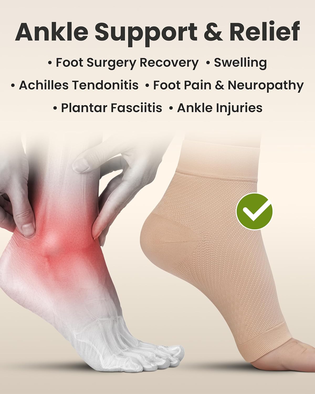 KEMFORD Ankle Compression Sleeve - 20-30mmHg, Beige, M
