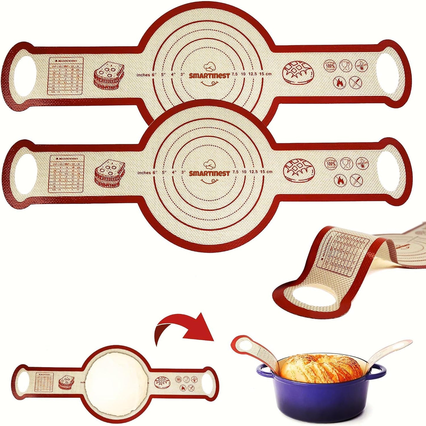 Sourdough Silicone Bread Sling for Dutch Oven, 2PCS Non-Stick Reusable Baking Mat with Long Handles, Essentials Bread Making Supplies for Dough Transfer and Loaf Pan Lifter Liner, Set Of Oval & Round